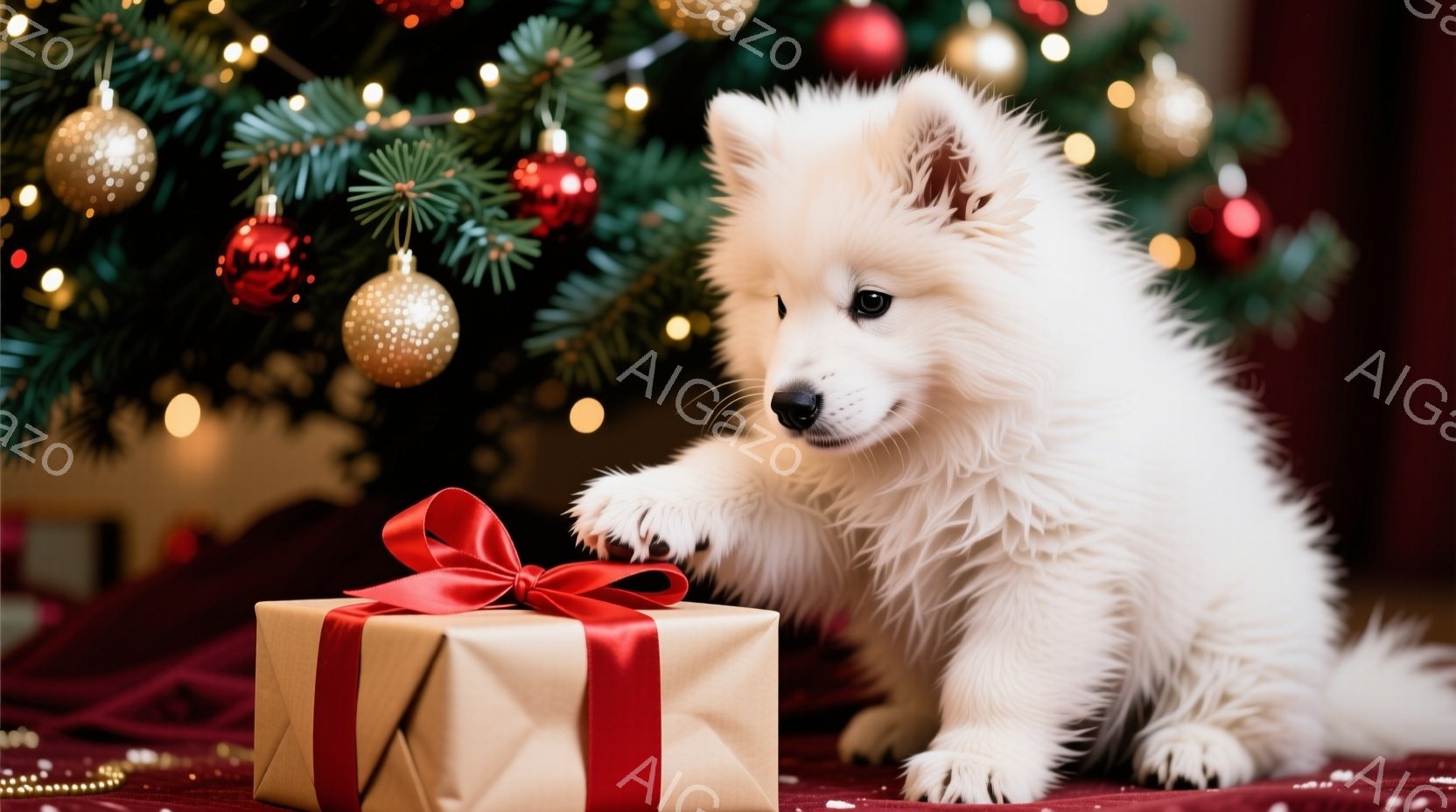 白い毛並みの小さな犬が、赤いリボンで結ばれた茶色のギフトボックスに前足を伸ばして触れようとしています。背景には、赤いオーナメントとキラキラ光るライトで飾られたクリスマスツリーがあり、赤いベルベットのよ - AI生成フリー素材
