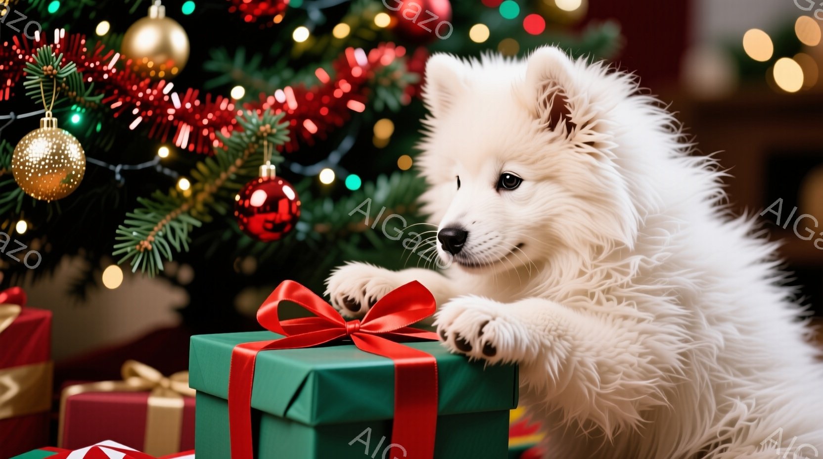 白い毛並みの犬が、緑色のリボンのかかったプレゼントの上に前足を乗せています。背景には、赤や金のオーナメントで飾られたクリスマスツリーがぼんやりと見え、温かくお祝いムードに満ちています。犬は穏やかな表情 - AI生成フリー素材