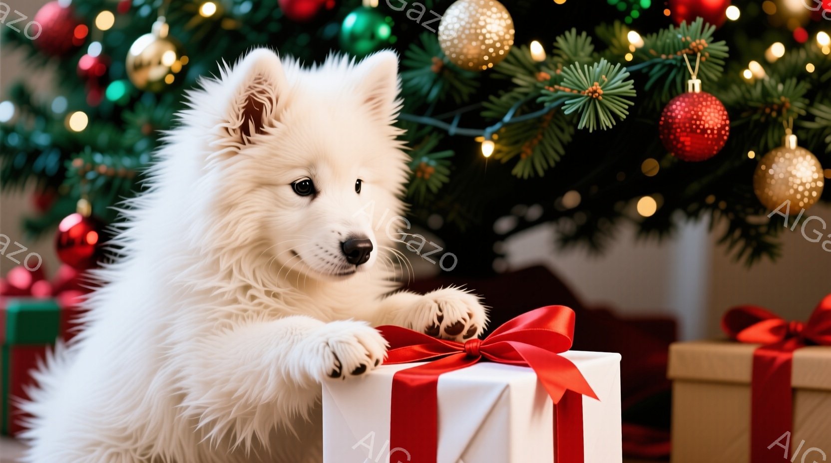 白い毛並みの犬が、赤いリボンで飾られた白いプレゼントボックスに前足を乗せています。背景には、クリスマスツリーの緑と、赤い、金色のオーナメントが散りばめられており、プレゼントボックスがいくつか置かれてい - AI生成フリー素材
