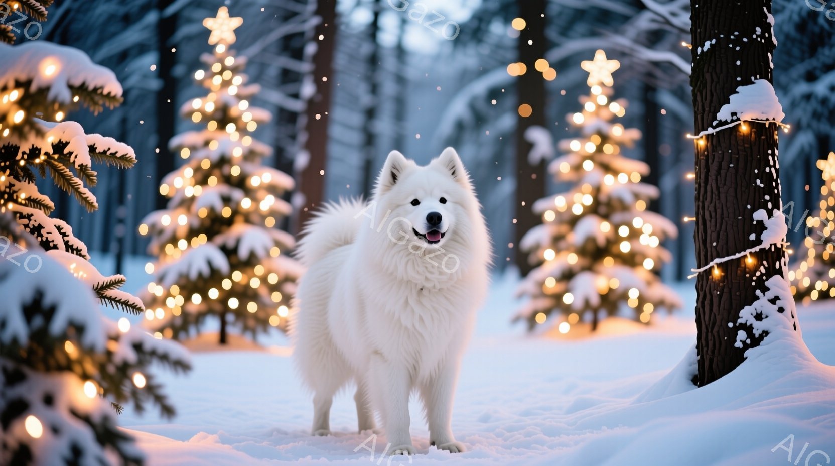 白い毛並みの大型犬が雪景色の中で立っており、穏やかな表情でこちらを見ている。背景にはクリスマスツリーのように装飾された木々が立ち並び、雪が舞う幻想的な冬の森を思わせる。全体的に温かく、平和な雰囲気が漂 - AI生成フリー素材