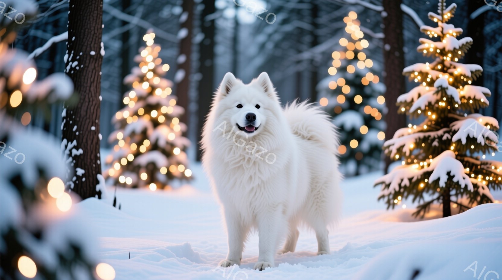 白い毛並みの大きな犬が雪景色の中に立っている。背景には、キラキラと輝く電飾で飾られたクリスマスツリーが複数あり、雪が降り積もる冬の森の雰囲気を醸し出している。犬は正面を向き、穏やかな表情で、まるで冬の - AI生成フリー素材