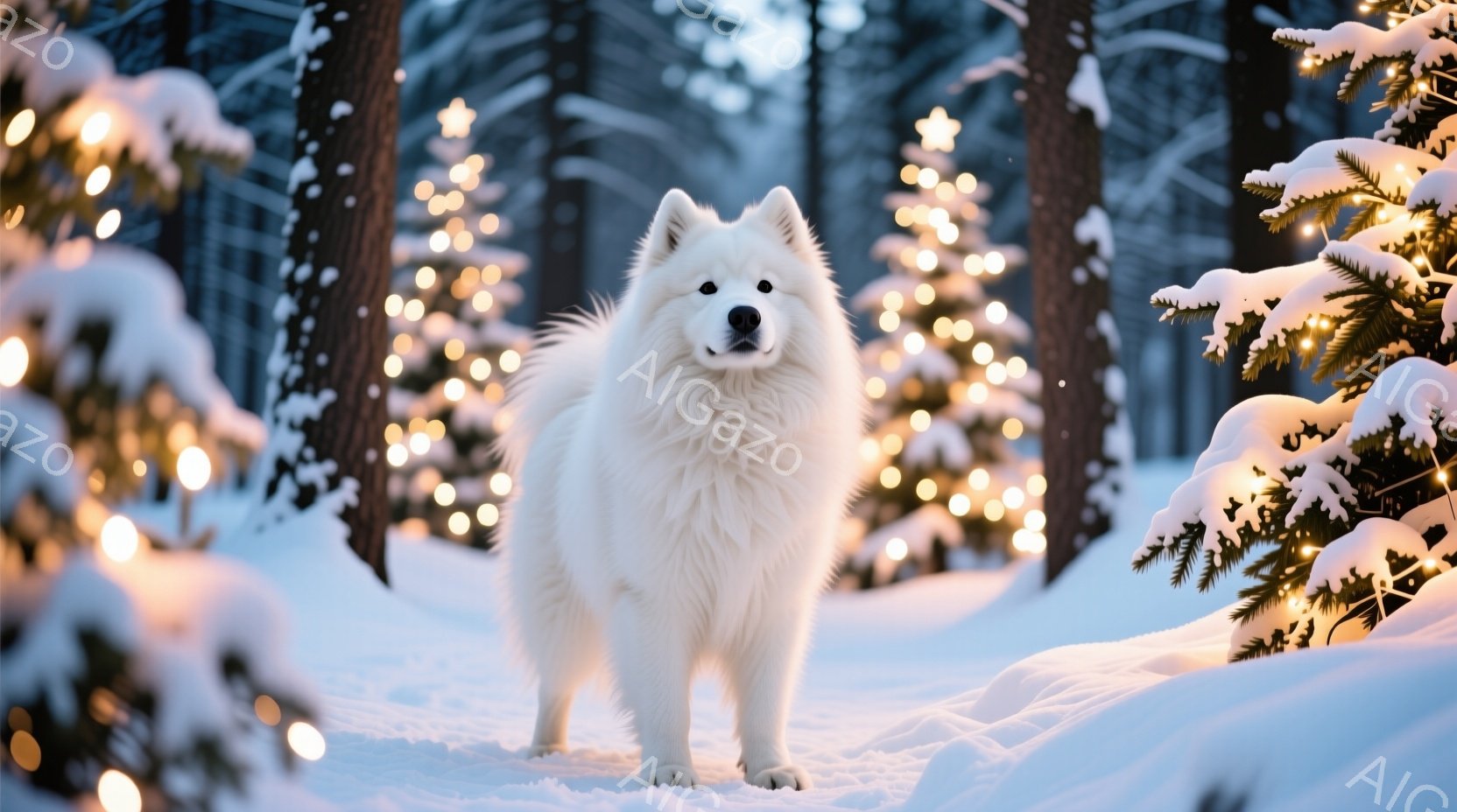 白い毛並みの大型犬が雪景色の中で立っている。背景にはクリスマスツリーのような光で飾られた木々が並び、雪が降り積もる冬の森の雰囲気を醸し出している。犬はまっすぐ前を見据え、落ち着いた表情で、静かで穏やか - AI生成フリー素材