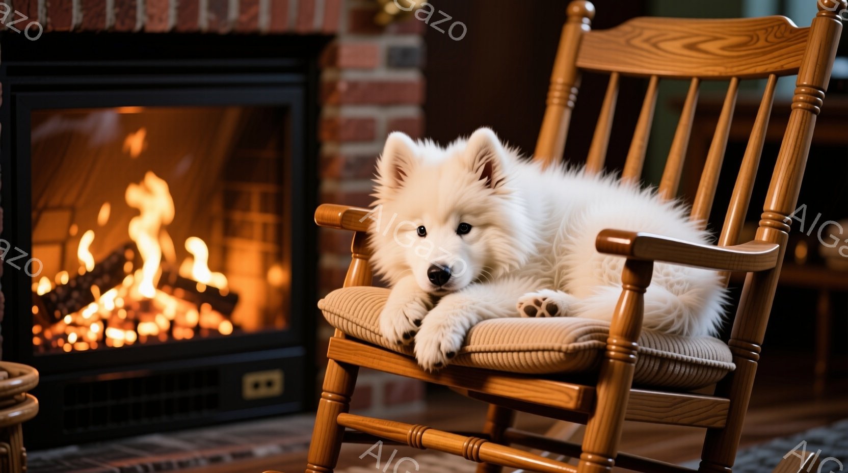 白い毛並みの犬が、クッションの敷かれたロッキングチェアにリラックスして座っている。暖炉の炎が背景にあり、温かく居心地の良い雰囲気を作り出している。ロッキングチェアは木製で、部屋の床は木製フローリングで - AI生成フリー素材