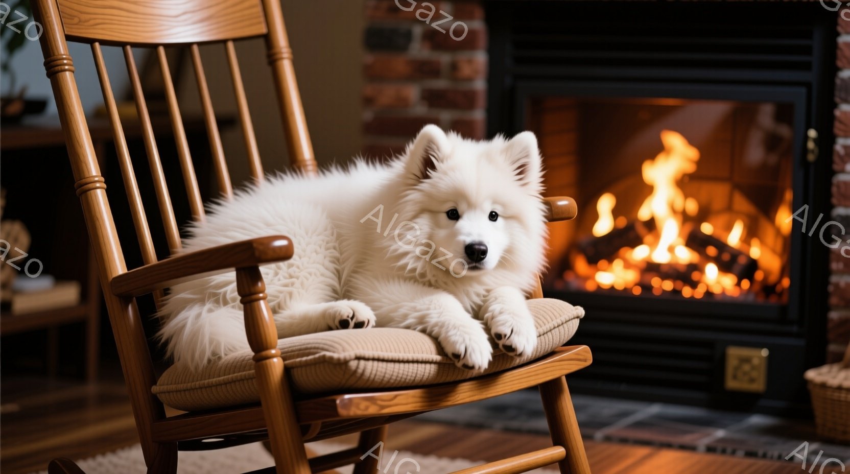 白いソバージュ犬が、明るい黄色のクッションが置かれたロッキングチェアにゆったりと横たわっています。背景には暖炉があり、炎が燃え盛っており、部屋全体を温かい雰囲気で包んでいます。木製の床とレンガ造りの暖 - AI生成フリー素材