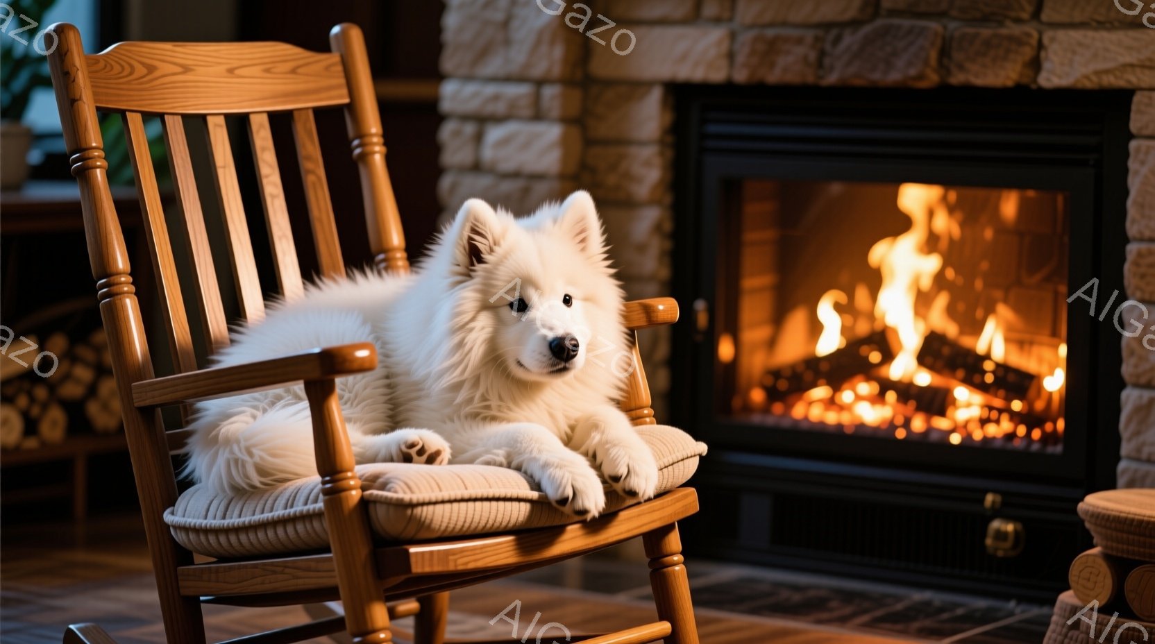 白い毛並みの大きな犬が、ベージュ色のクッションが置かれたロッキングチェアにゆったりと横たわっています。暖炉の炎が背景にあり、部屋全体を温かい光で満たし、リラックスした雰囲気を醸し出しています。石造りの暖炉と木製の家具が、居心地の良い空間を演出しています。