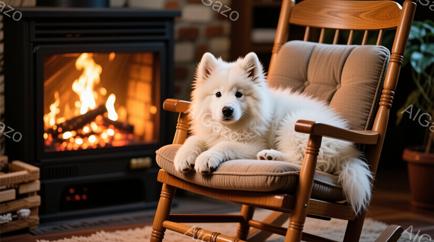 白い毛並みの犬が、茶色のロッキングチェアにゆったりと横たわっています。暖炉の炎が背景にあり、部屋全体が温かく穏やかな雰囲気に包まれています。ロッキングチェアの隣には植物があり、部屋の隅には薪が積まれた - AI生成フリー素材