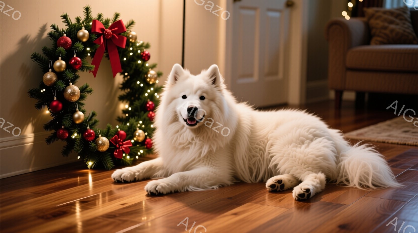 白い毛並みの大きな犬が、木製の床に横たわっています。背景には、赤いリボンと飾りで装飾されたクリスマスツリーが見え、温かい光が灯っています。犬はリラックスした表情で、穏やかで心地よい雰囲気を醸し出してい - AI生成フリー素材
