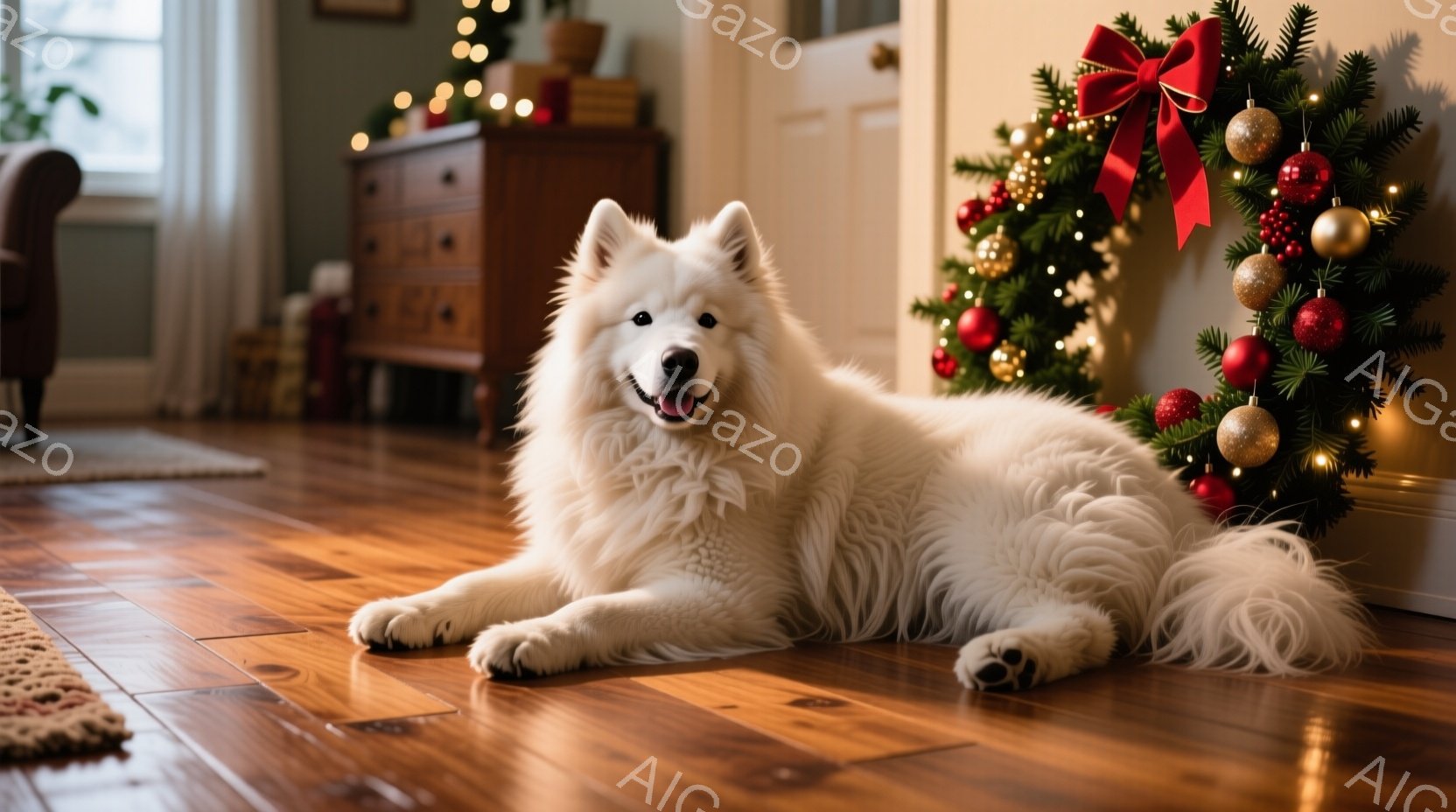白い毛並みの大型犬が木製の床に横たわっており、穏やかな表情で正面を見つめています。背景には、赤いリボンと装飾が施されたクリスマスツリーがあり、暖かくお祝いムードの室内が広がっています。床は光沢があり、 - AI生成フリー素材