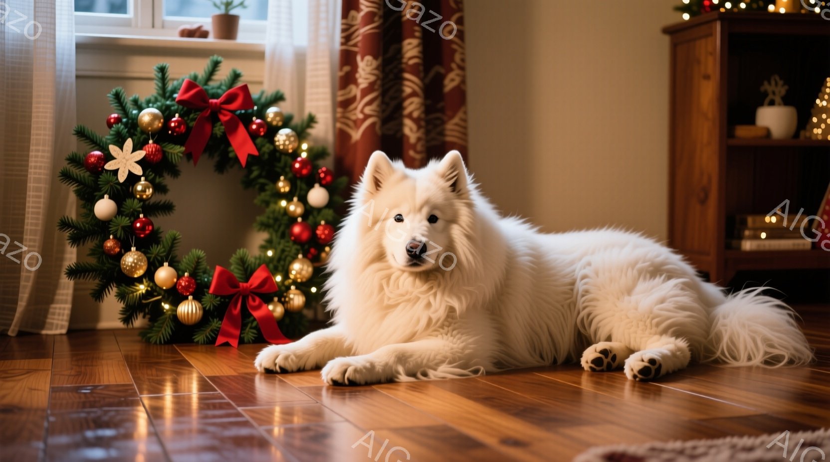 白い毛並みの大きな犬が、木の床に横たわっています。背景には、赤いリボンや飾りで飾られたクリスマスリースと、木製のキャビネットが見え、温かみのある室内空間が広がっています。犬は穏やかな表情で、リラックス - AI生成フリー素材