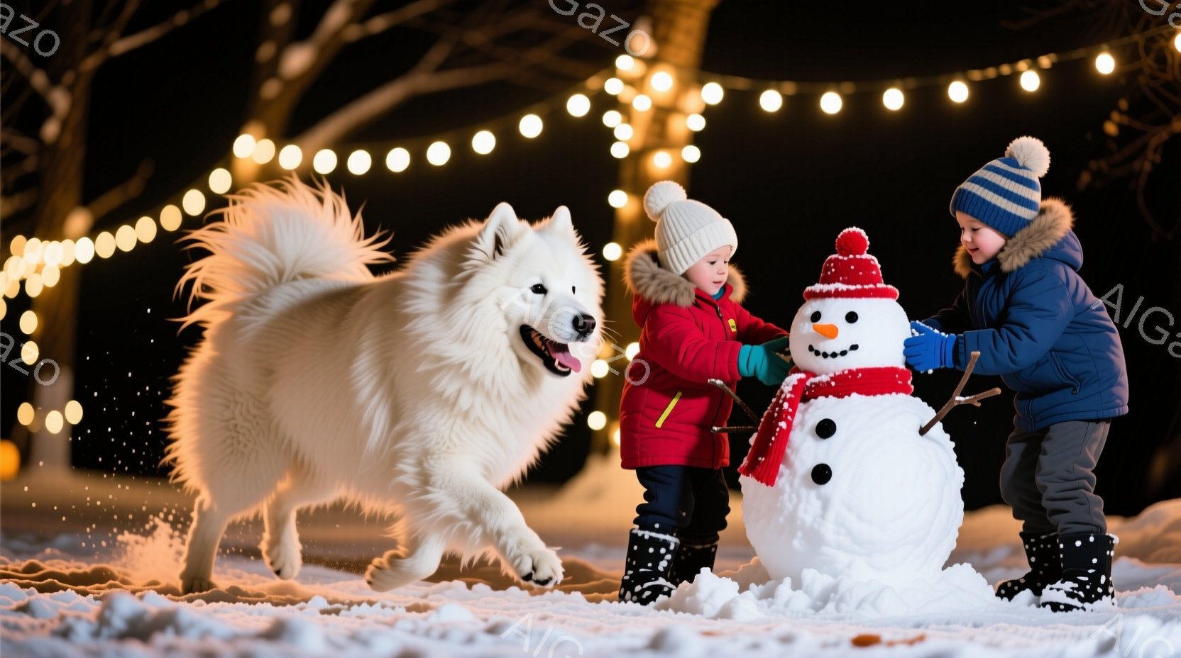 雪景色の中で、赤いジャケットを着た少年と白い犬が雪だるまの周りを駆け回っています。少年はニット帽を被り、雪だるまに杖を取り付けようとしており、犬は嬉しそうに雪の中を走り回っています。背景にはぼんやりと - AI生成フリー素材