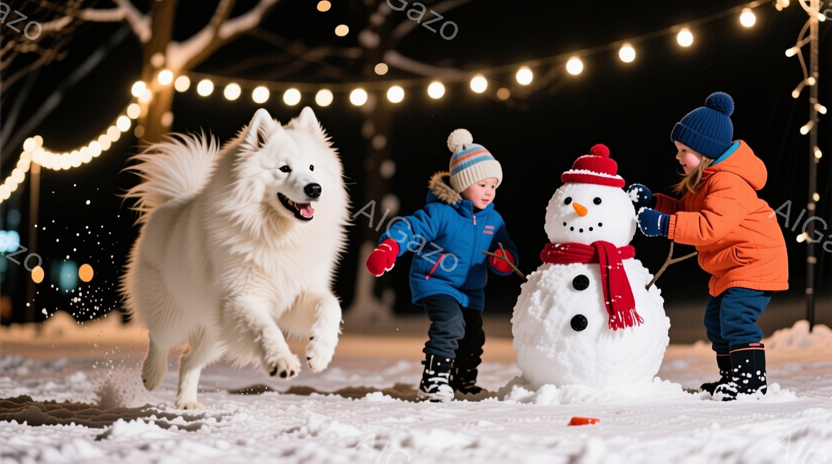 雪景色の中で、子供二人が雪だるまの周りを走り回っています。片方の子供は青いジャケットと帽子を着用し、もう片方の子供はオレンジ色のジャケットと帽子をかぶっており、両方とも雪の中で元気いっぱいに遊んでいま - AI生成フリー素材