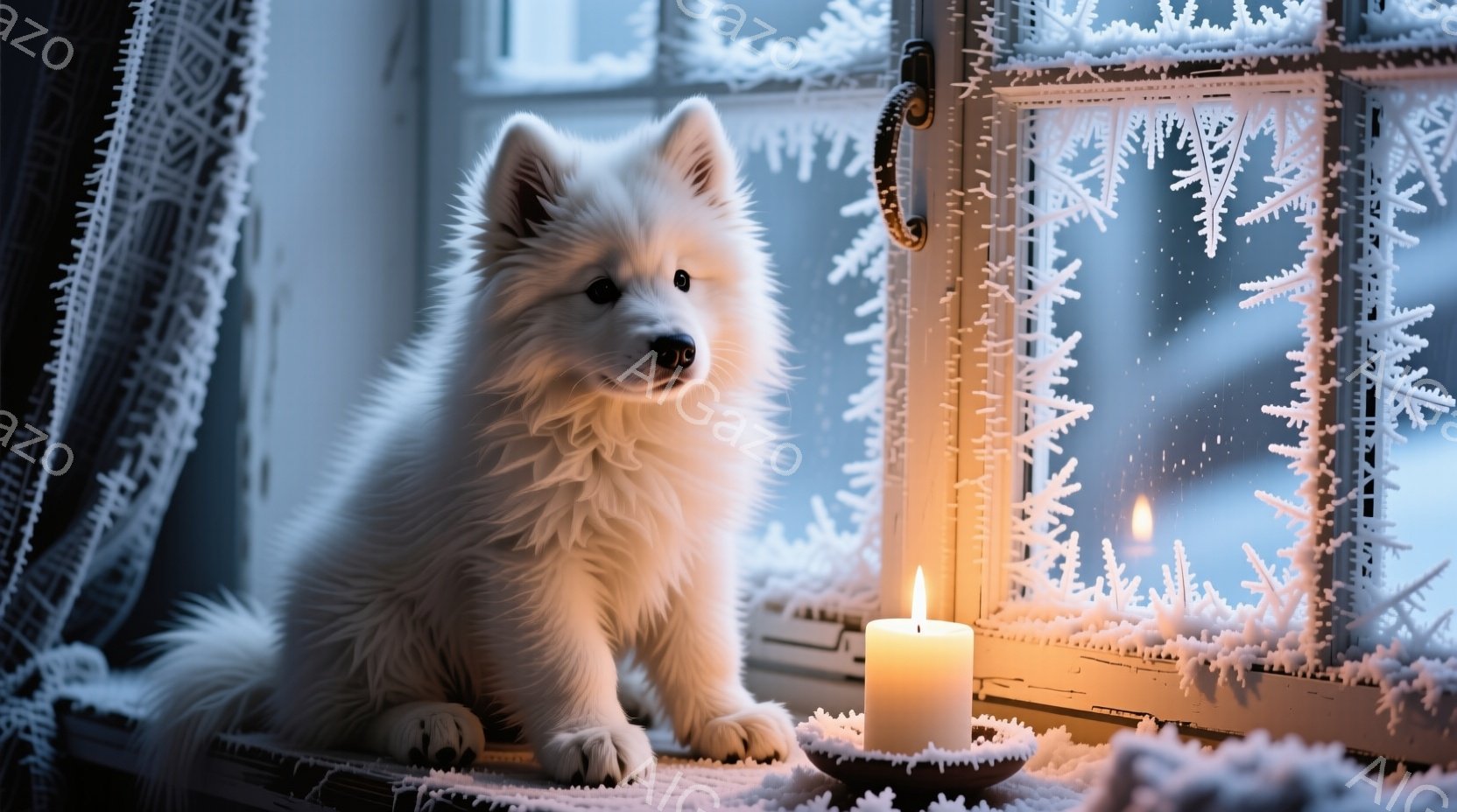 白い毛並みの犬が窓辺に座り、外を眺めている。窓には雪の結晶のような模様が描かれ、室内には暖かく灯るキャンドルが置かれている。雪景色が背景に広がり、冬の静かで温かい雰囲気が漂う。 - AI生成フリー素材