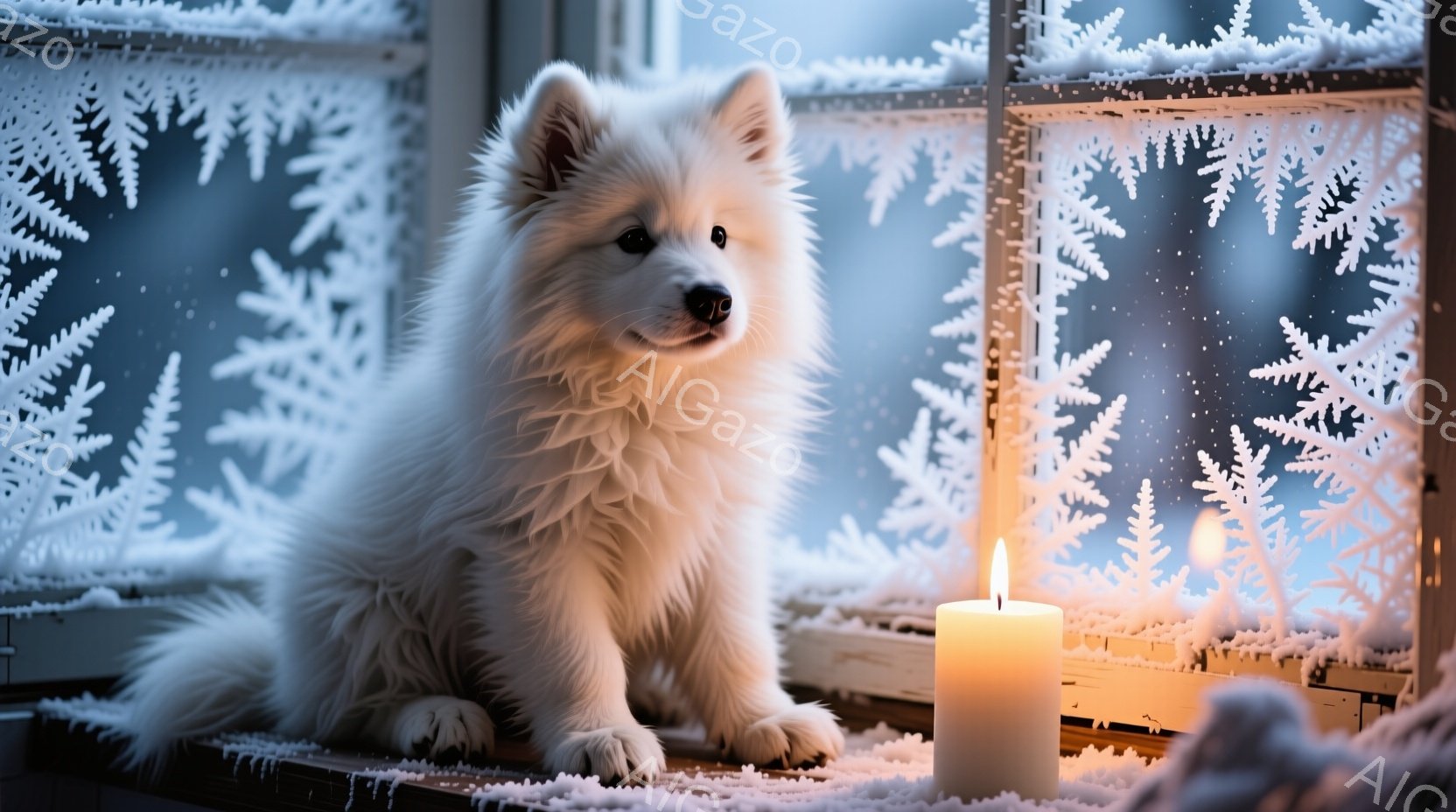 白い毛並みの大型犬が、木の根元に座って正面を見つめています。頭にはトナカイの角の飾りをつけており、赤い首輪をしています。背景は秋の落ち葉が敷き詰められた公園で、木々がぼやけており、暖かく穏やかな雰囲気 - AI生成フリー素材