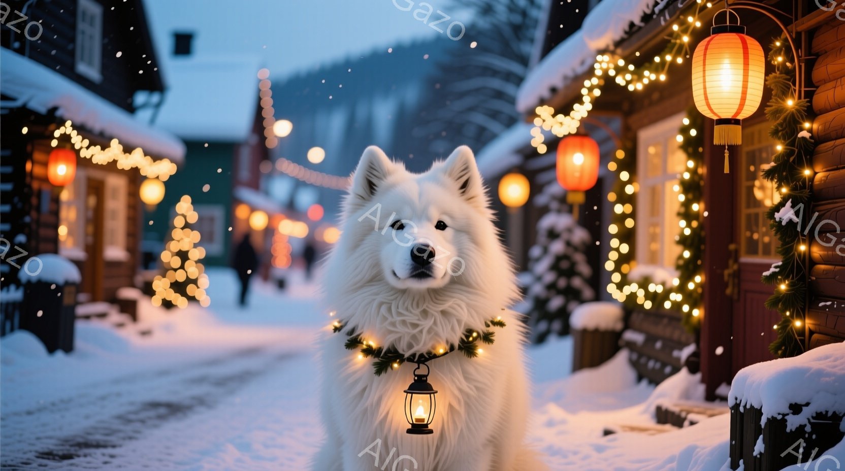 白い毛並みの大型犬が雪景色の中、首に装飾された光るガーランドを身につけて正面を見つめている。背景には、ライトアップされた建物や、雪に覆われた木々が連なり、クリスマスのような華やかな雰囲気を醸し出してい - AI生成フリー素材