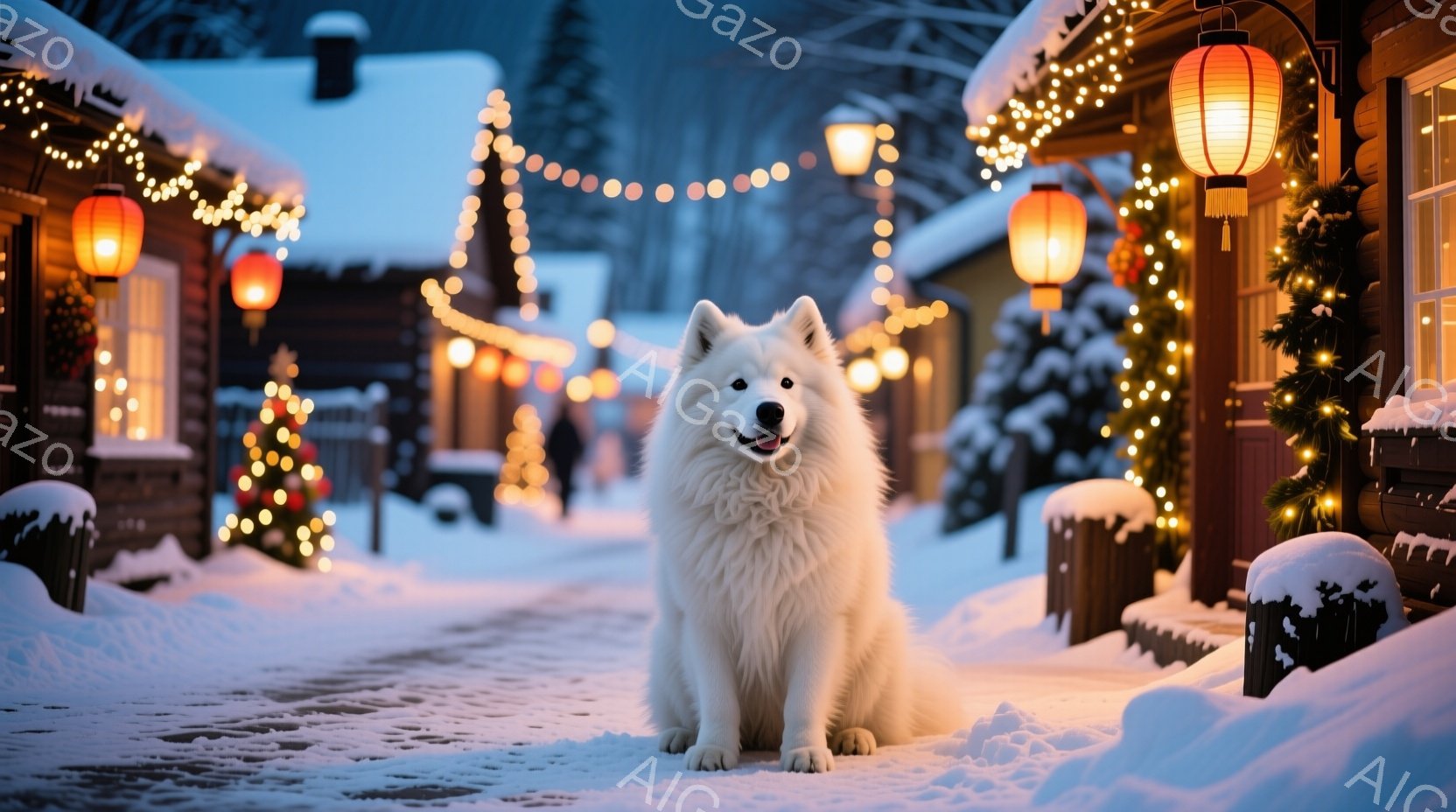 白い毛並みの大型犬が雪に覆われた道に座っている。背景にはクリスマスの飾り付けがされた建物が並び、暖かい光が灯っている。雪景色と装飾が合わさり、静かで幻想的な冬の雰囲気を醸し出している。 - AI生成フリー素材