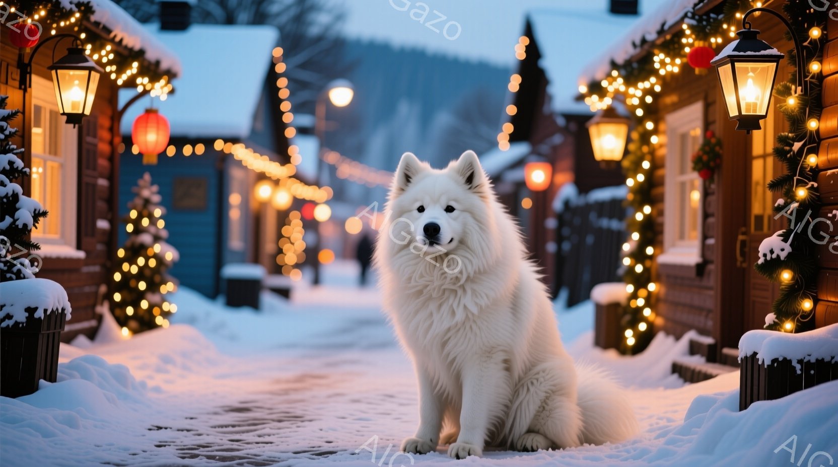 白い毛並みの大型犬が雪に覆われた石畳の道に座っています。背景にはクリスマスの飾り付けが施された建物が並び、遠くには人影が見えます。雪が降り積もり、温かい光が灯る様子から、冬の穏やかで幻想的な雰囲気が伝 - AI生成フリー素材