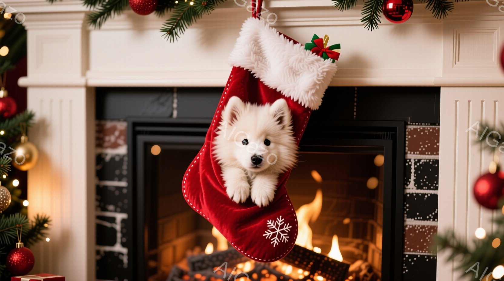 クリスマスソックスの中に白い子犬がちょこんと座っており、顔を覗かせています。背景には暖炉があり、炎が燃え盛り、クリスマスのオーナメントで飾られた暖炉の周りは、温かく、お祝いの雰囲気が漂っています。全体 - AI生成フリー素材