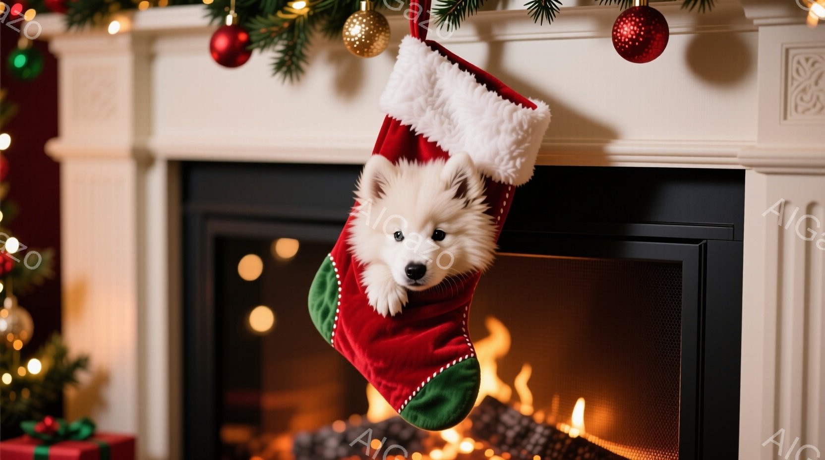 暖炉のそばに飾られた赤いクリスマスストッキングの中に、白い毛並みの幼い犬が顔を出しています。犬は好奇心いっぱいの表情で、少し上を見上げています。背景にはキラキラと輝くクリスマスツリーと、暖炉の火が暖か - AI生成フリー素材