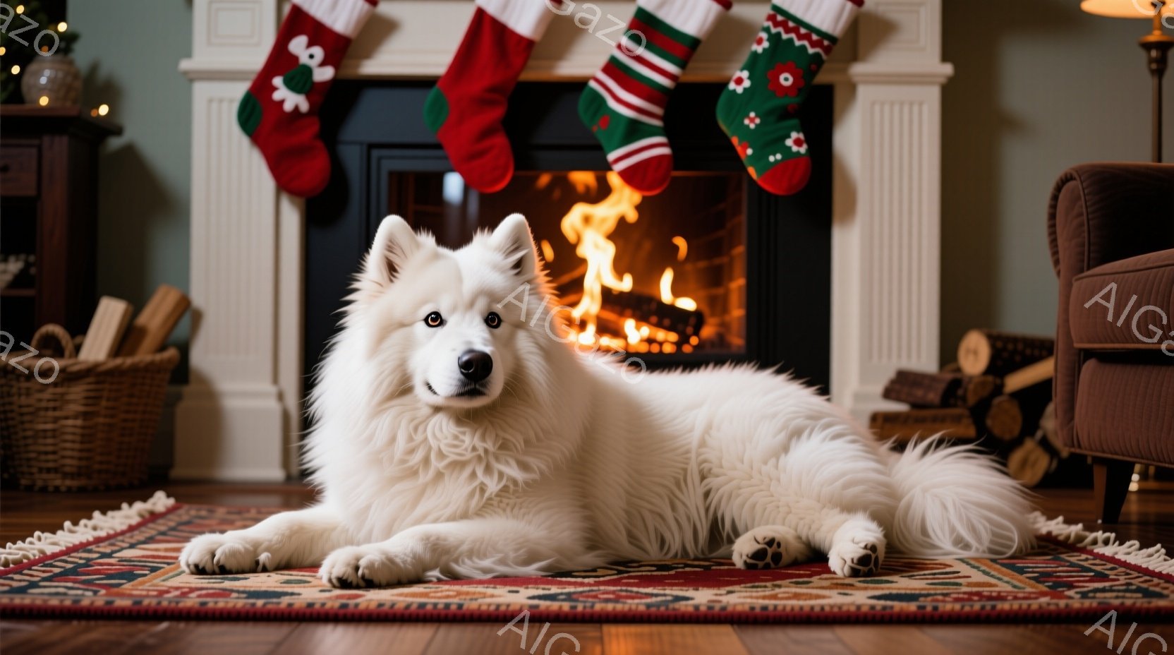 白い毛並みの大型犬が、暖炉の前に敷かれた敷物の上で横たわっています。暖炉の中では炎が燃え盛り、温かい雰囲気を醸し出しています。背景にはクリスマスソックスが飾られ、木製の椅子と薪が置かれたかごが暖炉の周りを彩っています。