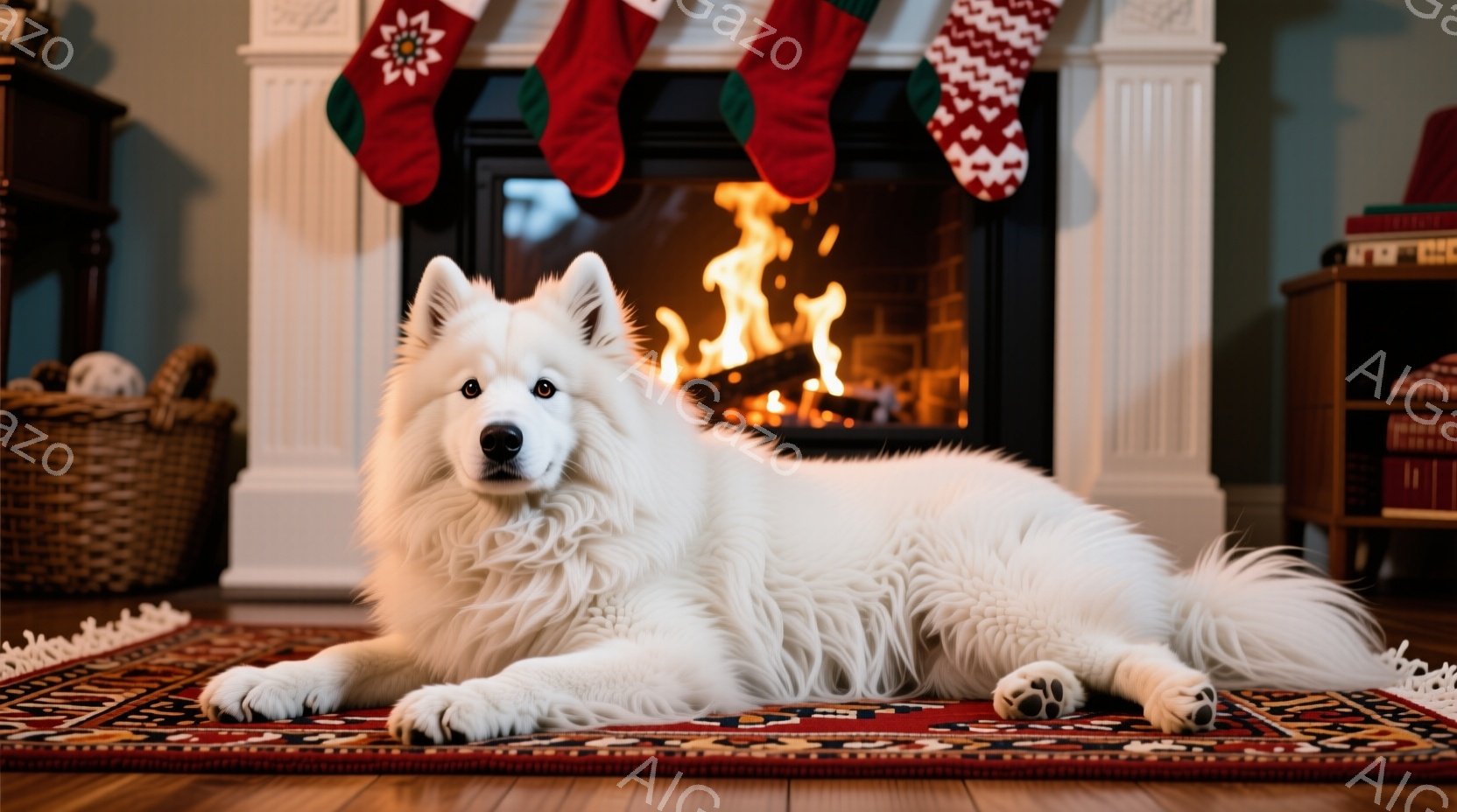 白い毛並みの大きな犬が、赤い絨毯の上に横たわっています。背景には暖炉があり、火が燃え盛っているのが見え、クリスマス用の靴下が暖炉の上のマントルピースに掛けられています。部屋は暖かく、居心地の良い雰囲気 - AI生成フリー素材