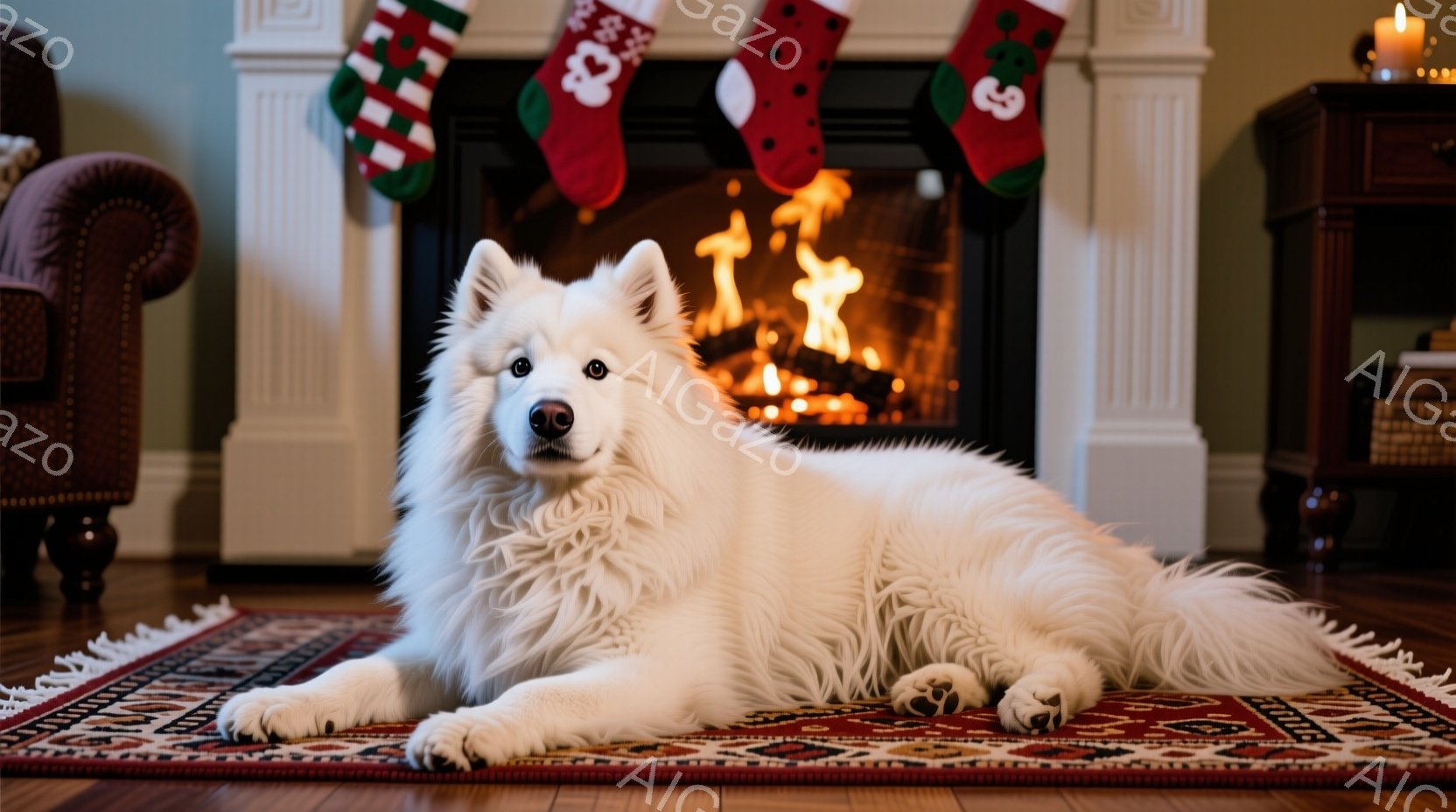 白い毛並みの大きな犬が、赤と黒の幾何学模様の絨毯の上に横たわっています。背後には暖炉があり、炎が燃え盛っており、暖かく居心地の良い雰囲気を作り出しています。暖炉の上には、クリスマスの装飾として赤い靴下 - AI生成フリー素材
