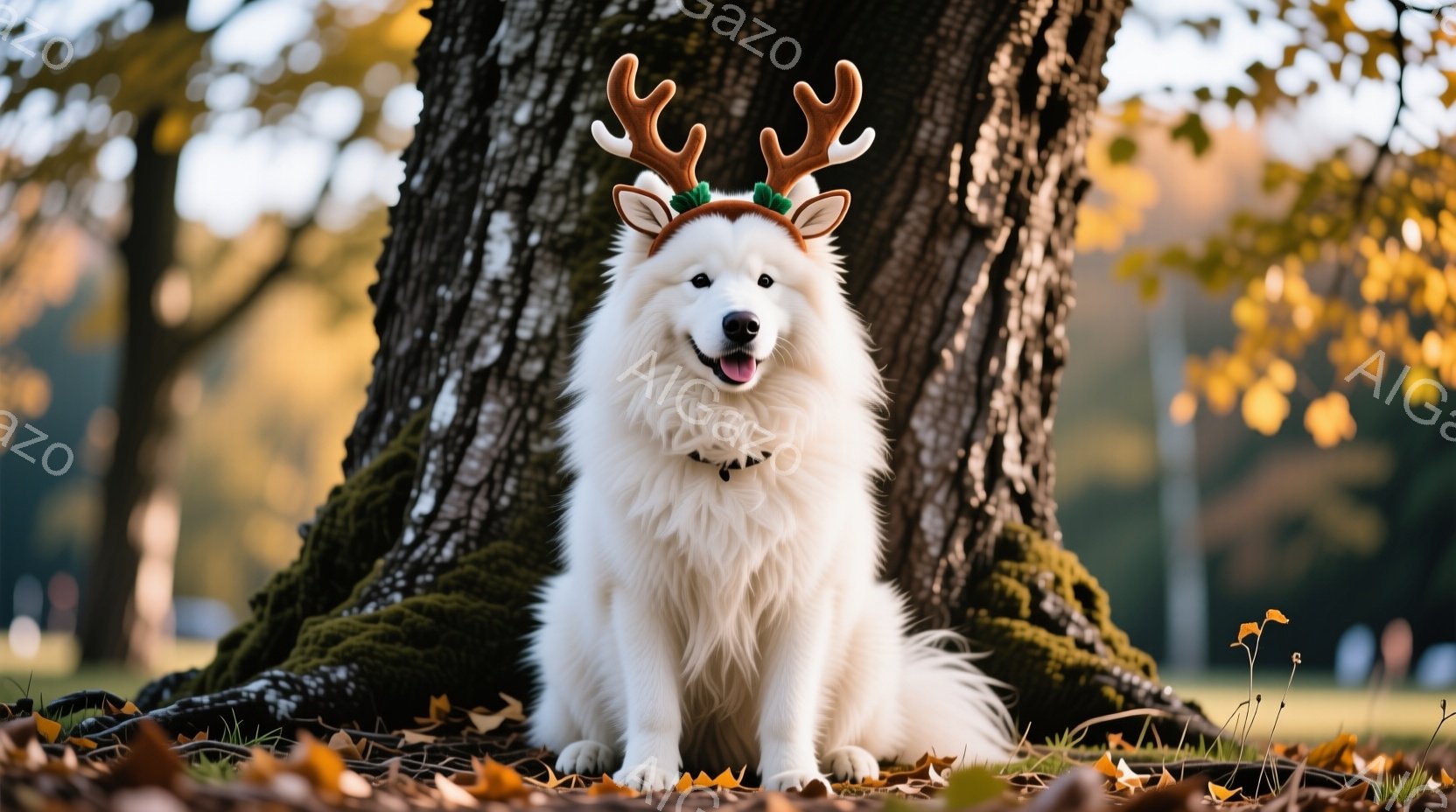 白い毛並みの大きな犬が、トナカイの角のような飾りを頭に乗せて座っています。背景には緑の草地と木々があり、地面には落ち葉が散らばっています。犬は口を開けて微笑んでおり、暖かく穏やかな雰囲気が漂っています - AI生成フリー素材