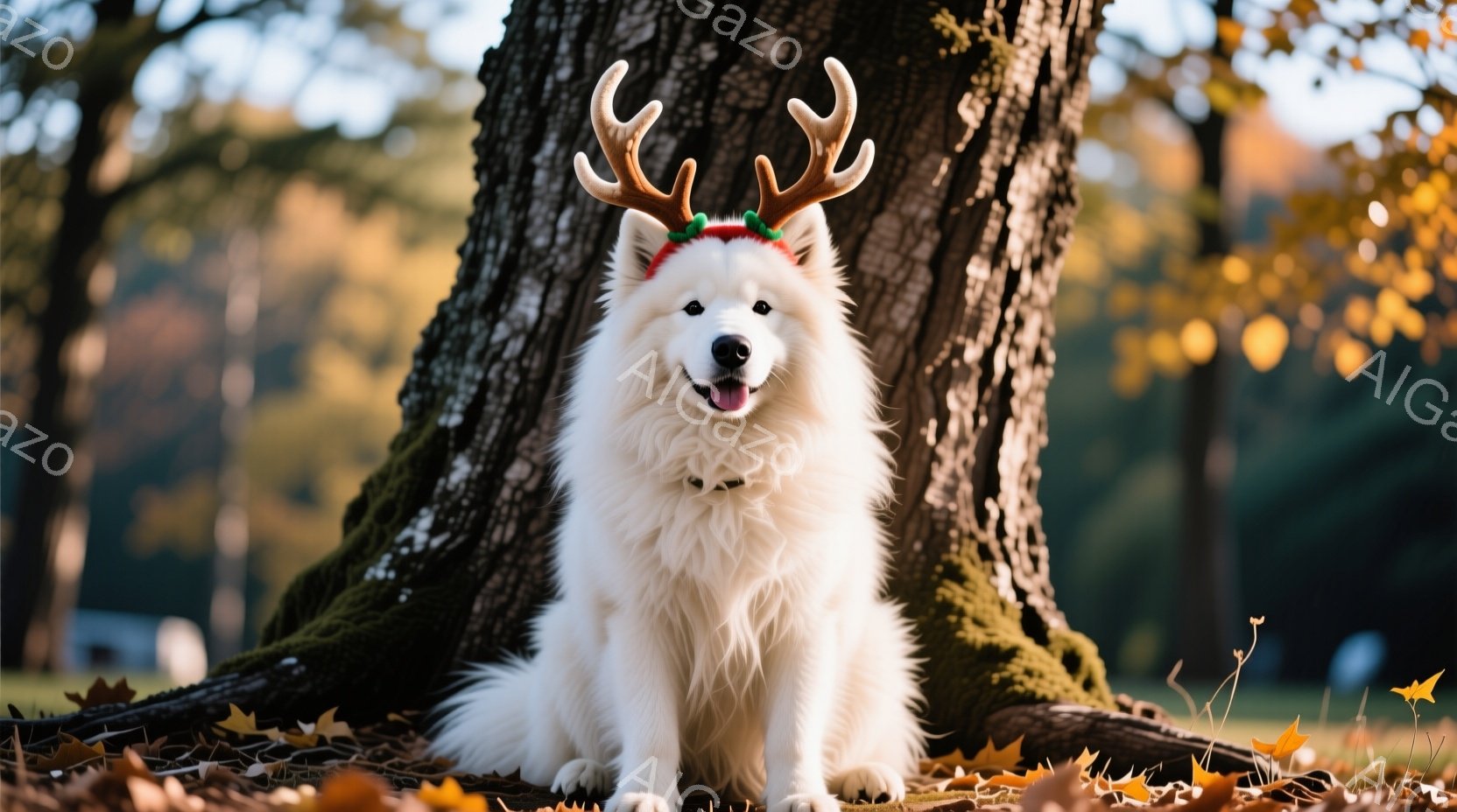 白い毛並みの大型犬が雪景色の中を駆けている。背景には、キラキラと輝くイルミネーションで飾られたクリスマスツリーが見え、雪が舞う幻想的な冬の雰囲気を作り出している。犬は口を開けて楽しそうに走り、雪原に足 - AI生成フリー素材