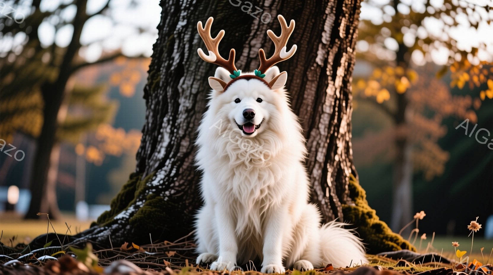 白い毛並みの大きな犬が、木の根元に座って正面を見つめています。頭には角のような飾りをつけており、口を開けて笑顔を見せています。背景には緑豊かな自然が広がり、秋らしい枯葉が敷き詰められています。