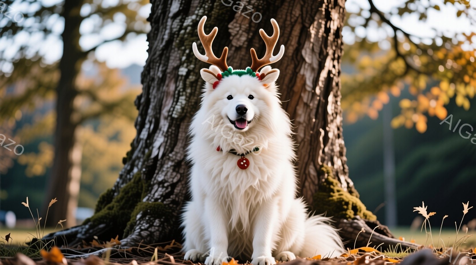白い毛並みの大きな犬が、クリスマスをテーマにした角の飾りと赤い首輪をつけて座っています。犬は正面を見て微笑んでおり、背景には緑豊かな木々と落ち葉が見えます。全体的に暖かく、楽しい、そして祝祭的な雰囲気 - AI生成フリー素材
