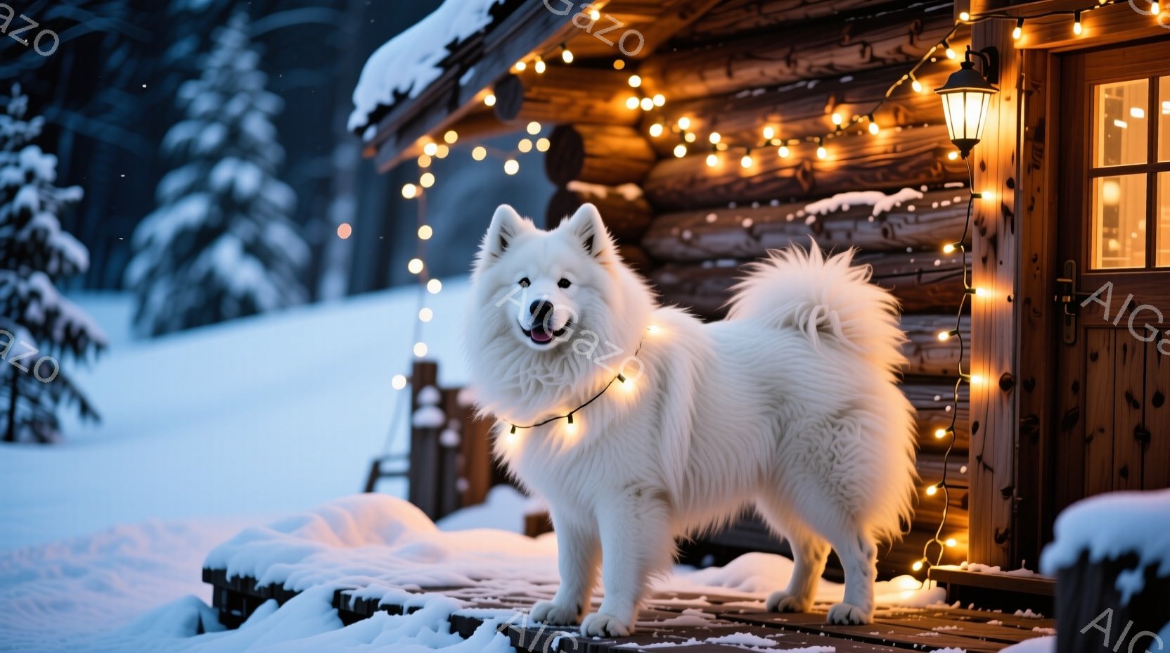 白い毛並みの大きな犬が、雪に覆われた木の家の前に立っている。犬はリラックスした表情で、首輪には小さな光が飾られており、その周りの木造の建物は温かい光で包まれている。背景には雪景色が広がり、静かで穏やか - AI生成フリー素材