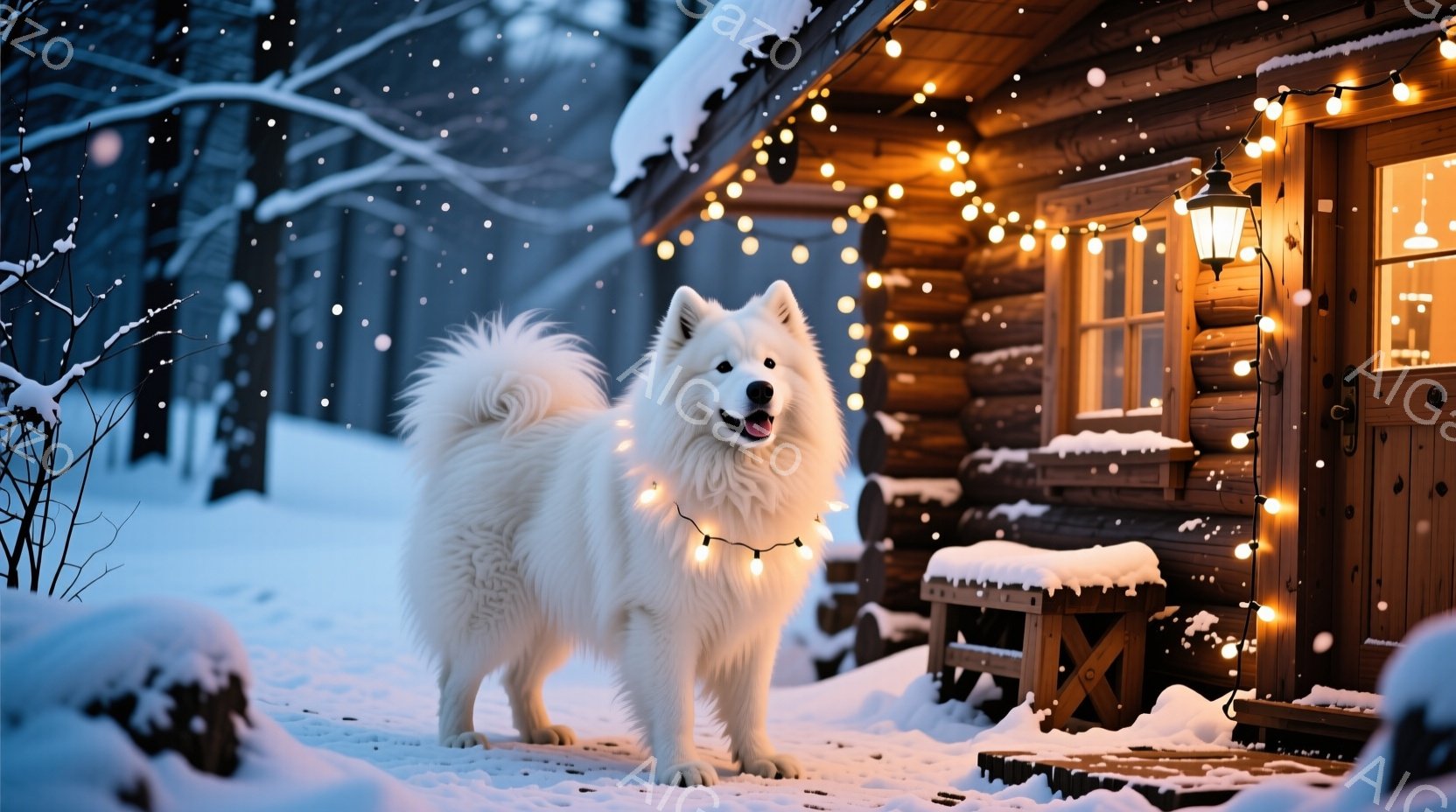 白い毛並みの大きな犬が雪景色の中で立っており、首にはキラキラと光る電飾が巻かれています。背景には木造のキャビンがあり、電飾で飾られ、窓からは温かい光が漏れています。雪が舞う静かで温かい冬の雰囲気が漂っ - AI生成フリー素材