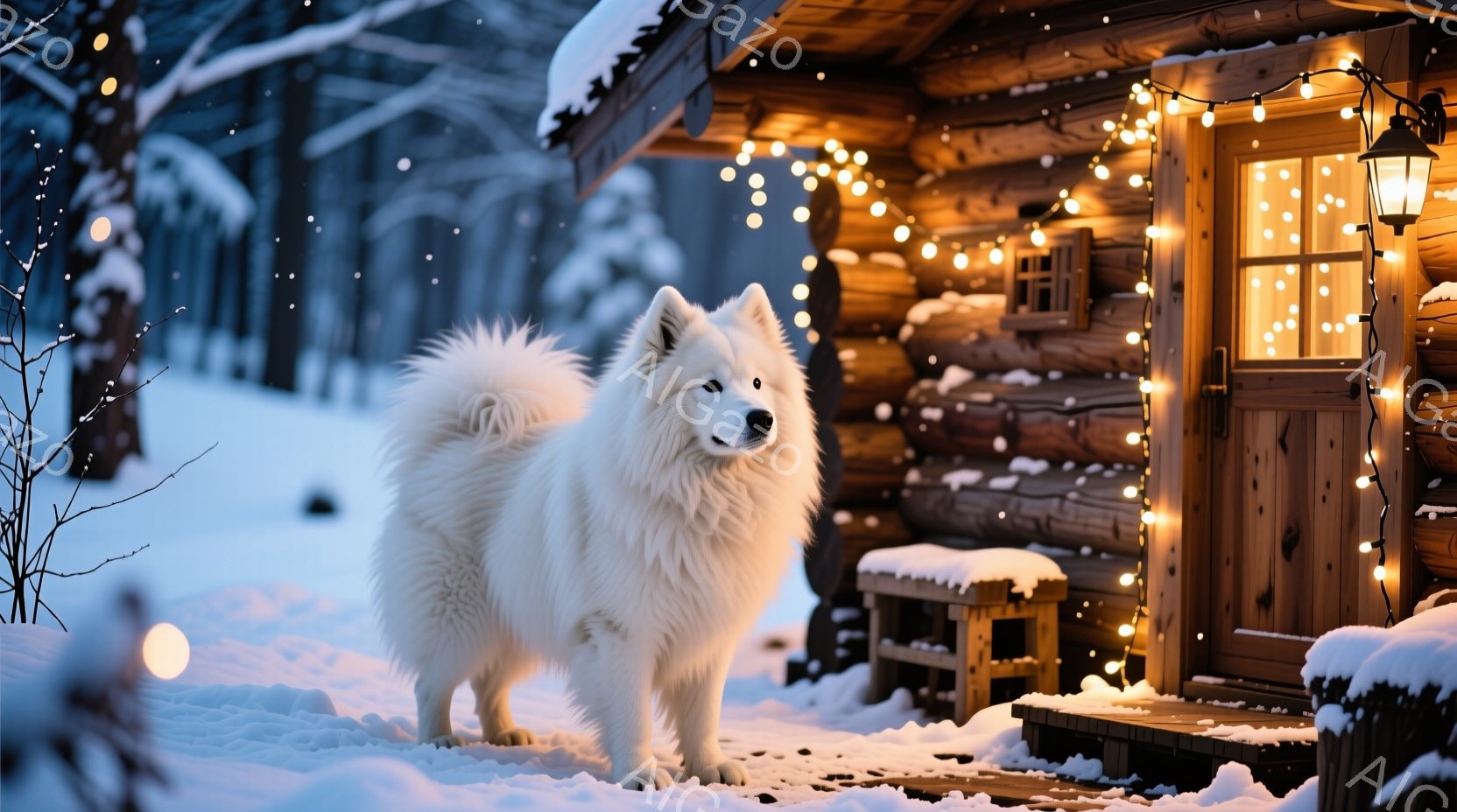 白い毛並みの大型犬が雪景色の中に凛々と立っている。背景には、温かい光でライトアップされた丸太小屋があり、窓辺にはキラキラと輝く電飾が飾られている。雪が舞い散る静かで幻想的な雰囲気で、冬の暖かさと安らぎ - AI生成フリー素材