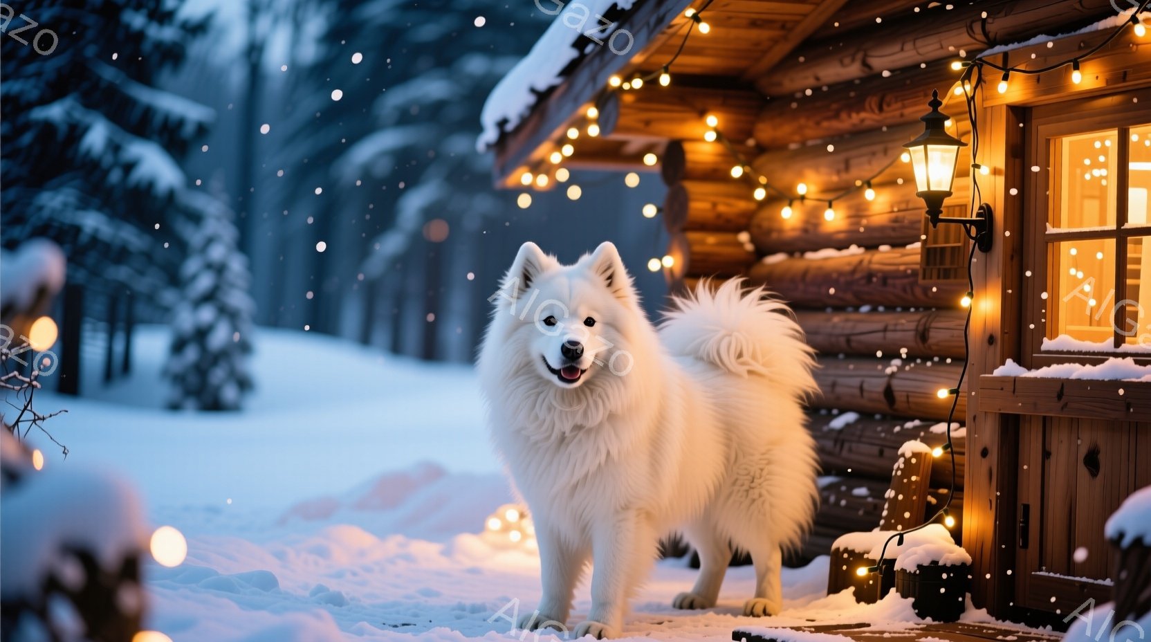 白い毛並みの大きな犬が雪景色の中で立っている。背景には、温かい光で飾られた丸太のキャビンがあり、雪が降っている。 全体的に、温かく、穏やかで、冬の雰囲気が漂う。 - AI生成フリー素材
