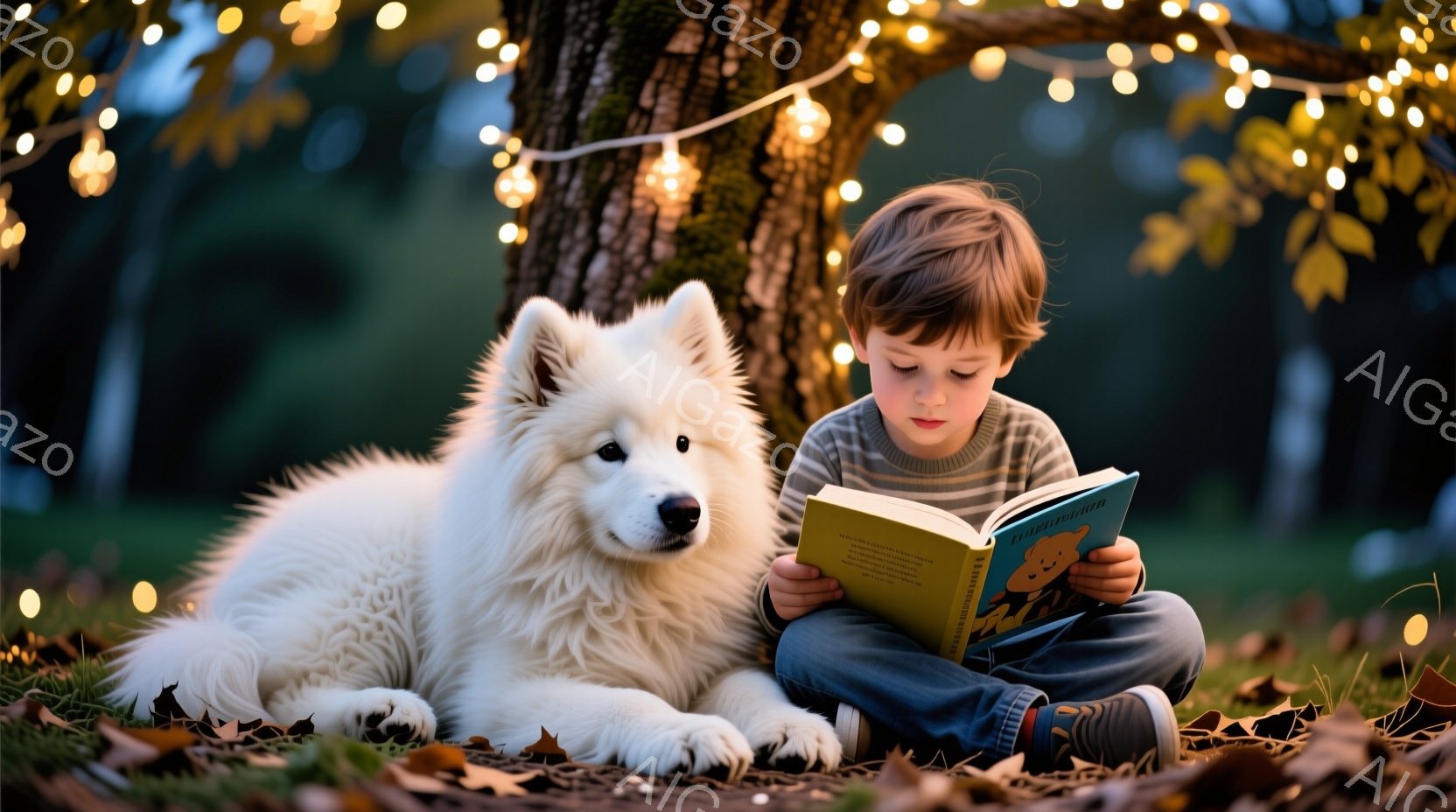 茶色の髪の少年が、大きな白い犬の横で地面に座り、絵本を熱心に読んでいる。少年は青いズボンと薄い茶色のセーターを着ており、集中した表情で本を見つめている。背景には木々と、暖かく輝く電飾が散りばめられ、落 - AI生成フリー素材
