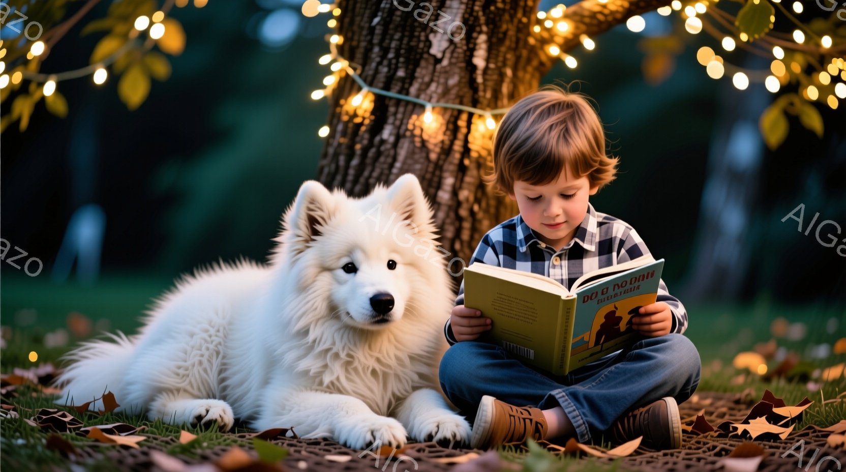 茶色い髪の少年が芝生の上に座り、膝を抱えて本を読んでいます。白い大型犬が少年の隣で横になり、穏やかな表情で彼を見つめています。背景には木があり、木の周りに暖かい光のイルミネーションが飾られ、秋の穏やか - AI生成フリー素材