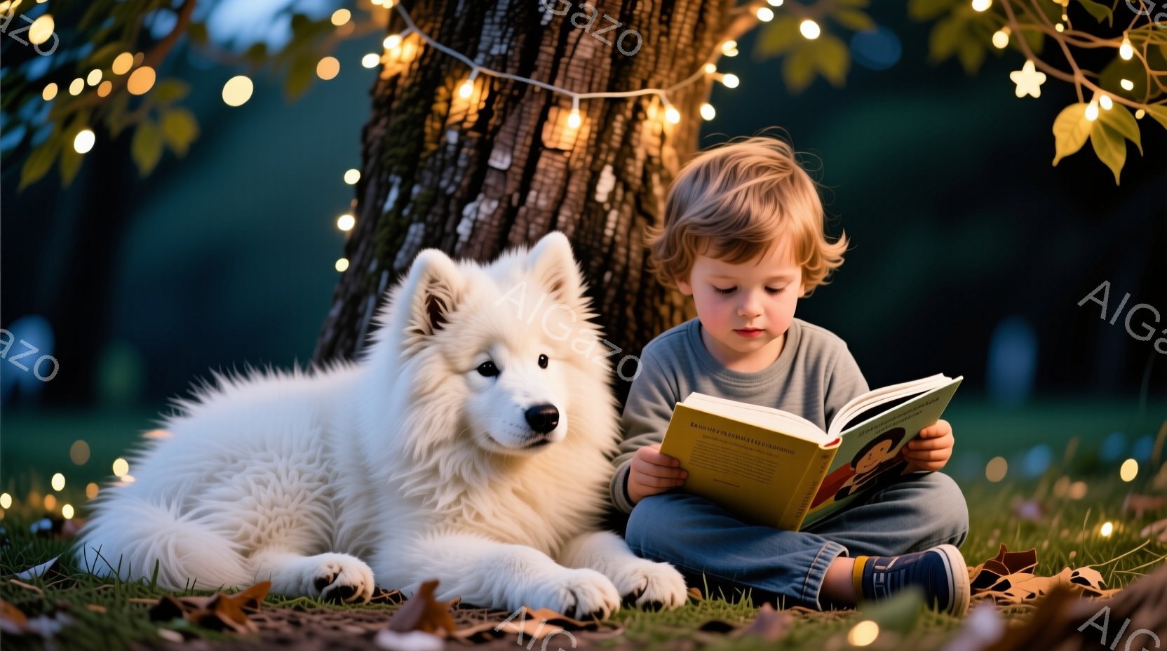 金髪の少年が芝生の上に座り、膝の上で絵本を読んでいる。少年はグレーのセーターとジーンズを着用し、穏やかな表情で本に集中している。背景には大きな木があり、木と周りの草を電球の光で装飾している、暖かく、親 - AI生成フリー素材