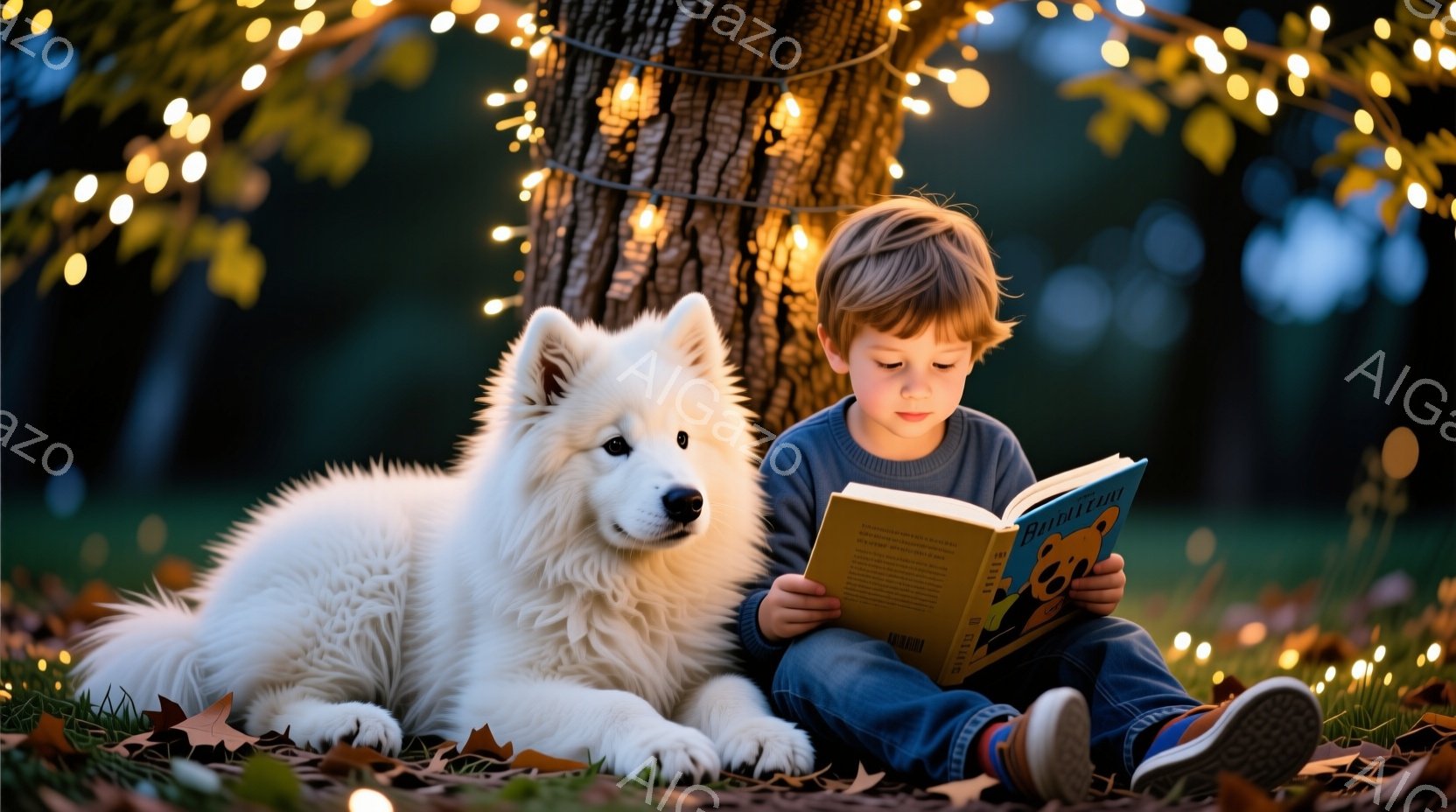 金髪の少年が地面に座り、膝の上で絵本を開いて読んでいる。彼はジーンズとスニーカーを履いており、表情は真剣で本に集中している。背景には木があり、周囲には落ち葉が散らばり、暖かい光のストリングライトが飾ら - AI生成フリー素材