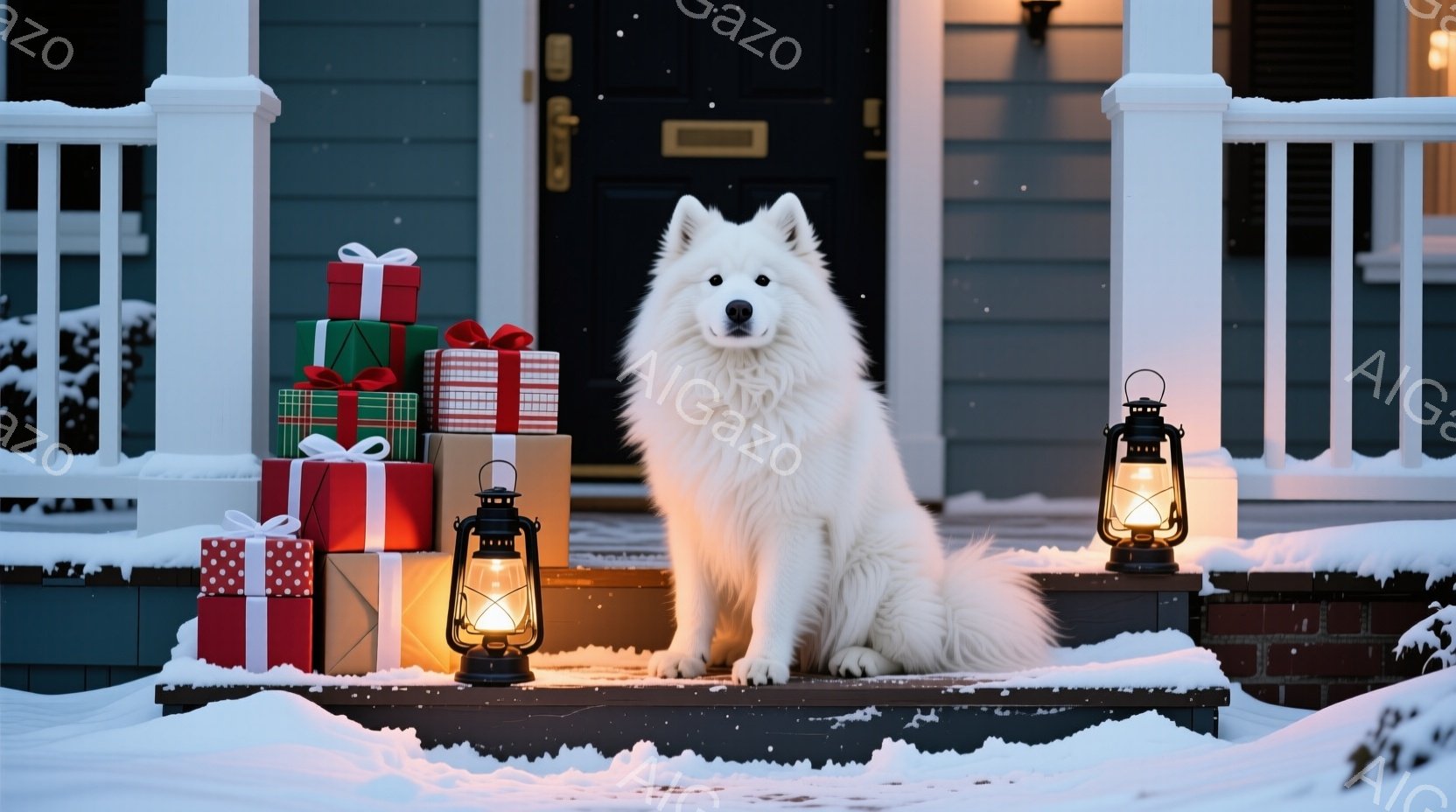 白い毛並みの大きな犬が、雪に覆われた家の外階段に座っています。犬の周りには、赤、緑、金色のリボンで飾られたプレゼントの山が積み上げられ、両脇には灯りが灯ったランタンが置かれています。背景には家の外観が - AI生成フリー素材