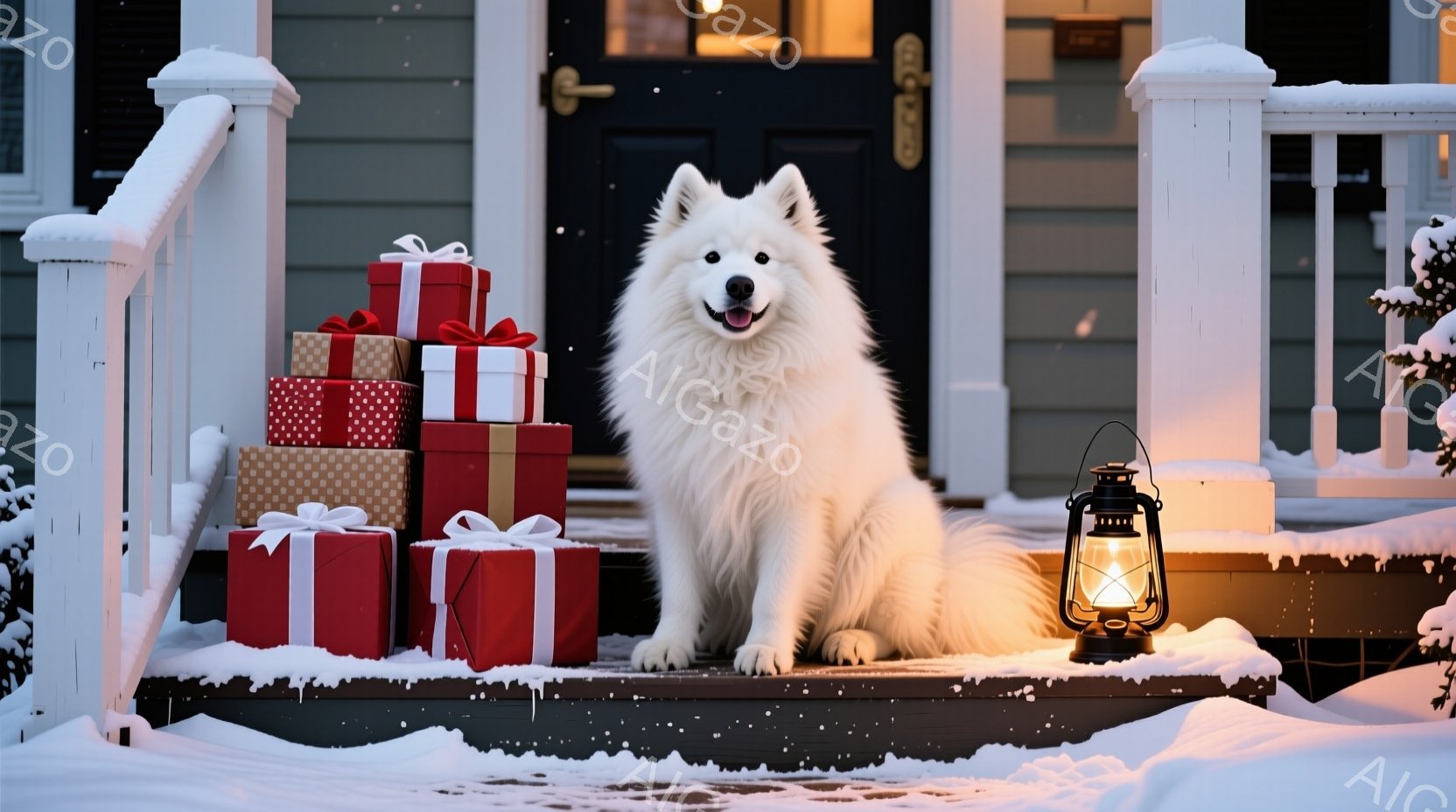 白い牧羊犬が、クリスマスプレゼントの山を背景に、家の階段に座っています。犬は正面を見て、穏やかで幸せそうな表情をしています。背景には雪が積もり、家の階段や手すりも雪で覆われており、暖かい光を放つランタンが犬の横に置かれています。