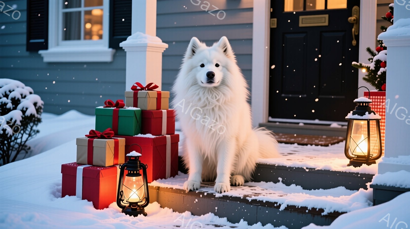 白い毛並みの大型犬が、雪に覆われた家の階段に座っています。周りには赤や緑のリボンで飾られたプレゼントの山が置かれ、階段の両脇には明かりが灯ったランタンが暖かく光っています。背景は雪景色で、建物はグレー - AI生成フリー素材