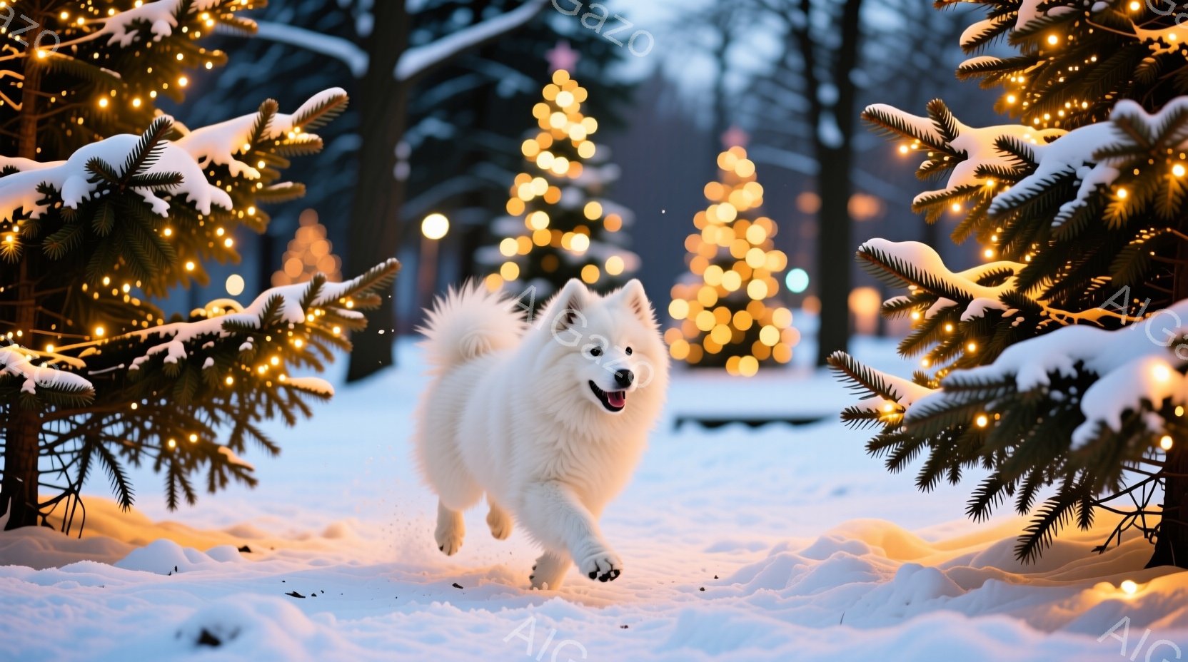 白い毛並みの犬が雪の中を力強く駆けている様子が捉えられています。背景にはぼやけたクリスマスツリーの光が輝き、冬の暖かく幻想的な雰囲気を醸し出しています。雪が降り積もった地面と、針葉樹の緑が、犬の白い毛 - AI生成フリー素材