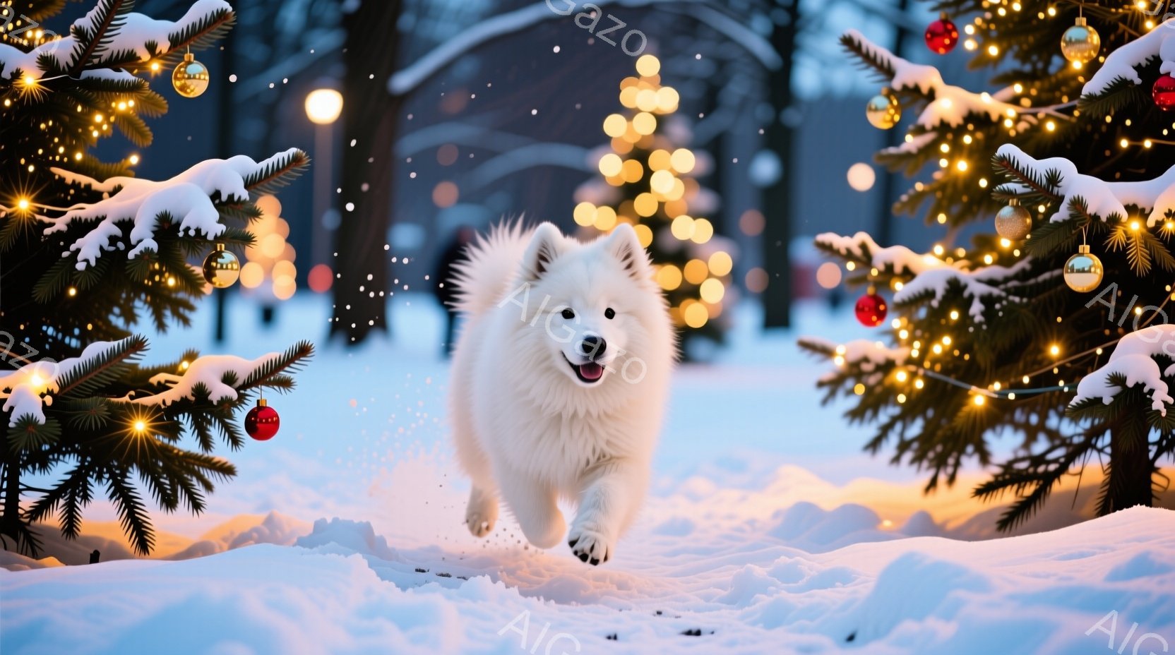 白い毛並みの犬が雪景色の中を勢いよく駆け抜けている。背景には、クリスマスツリーのように飾り付けられた常緑樹が雪に覆われ、ぼんやりと光る暖色系のライトが冬の夜を照らしている。全体的に暖かく、幻想的な冬の雰囲気が漂っている。