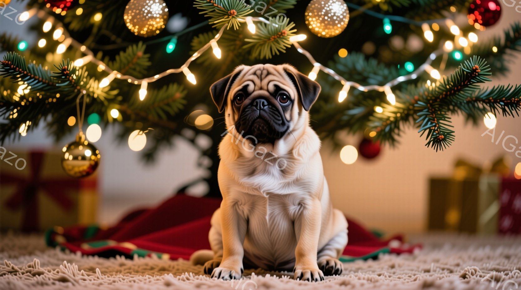パグがクリスマスツリーの下に座っており、正面を見つめています。背景には、赤と金の包装紙で包まれたプレゼントと、きらめくクリスマスツリーの飾りが見えます。全体的に暖かく、お祝いムードに満ちた雰囲気です。