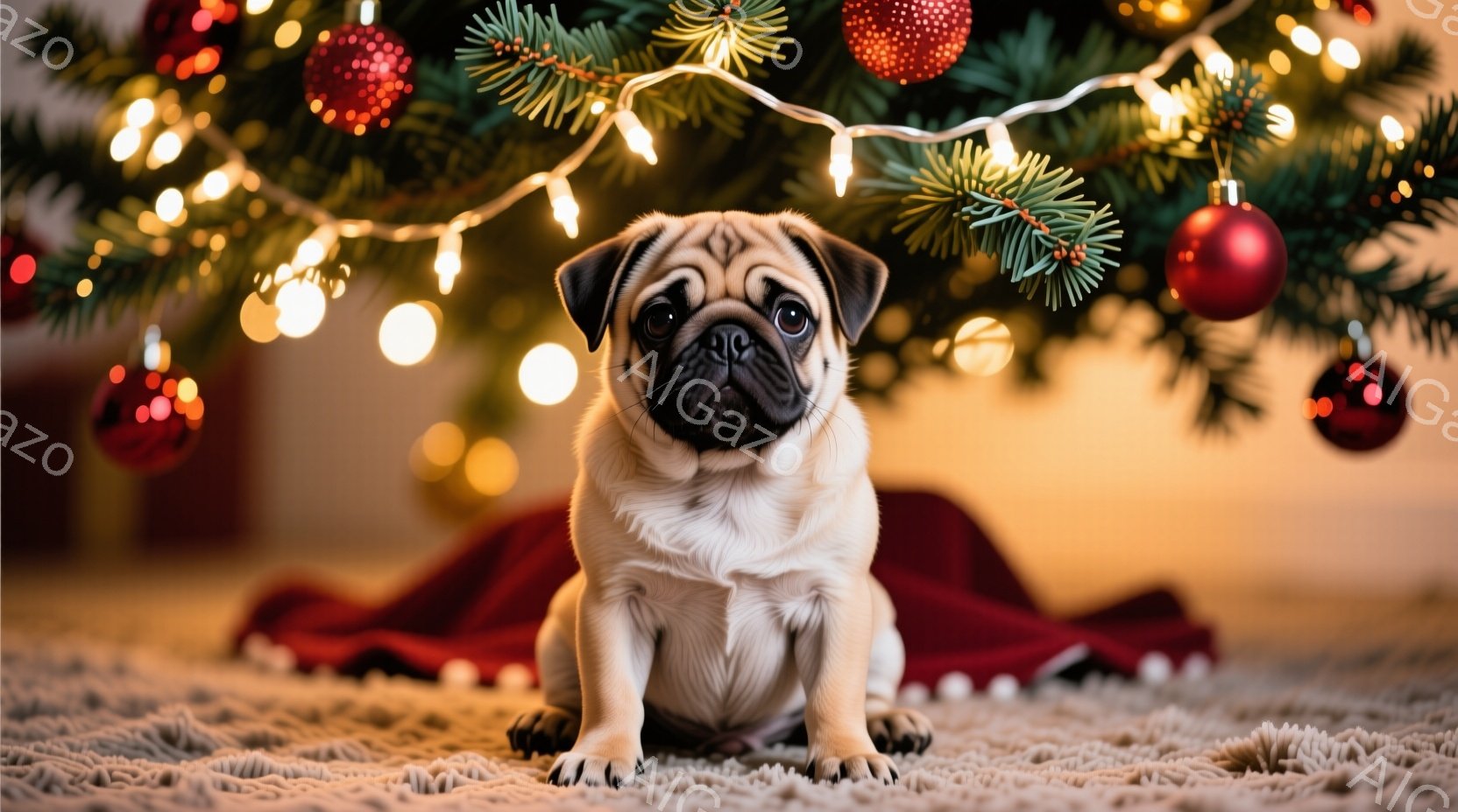 クリーム色のパグが、赤い布の上に座って正面を見ています。背景にはクリスマスツリーが飾られており、暖かい光が全体を照らしています。全体的に、温かく、幸せなクリスマスの雰囲気が漂っています。 - AI生成フリー素材