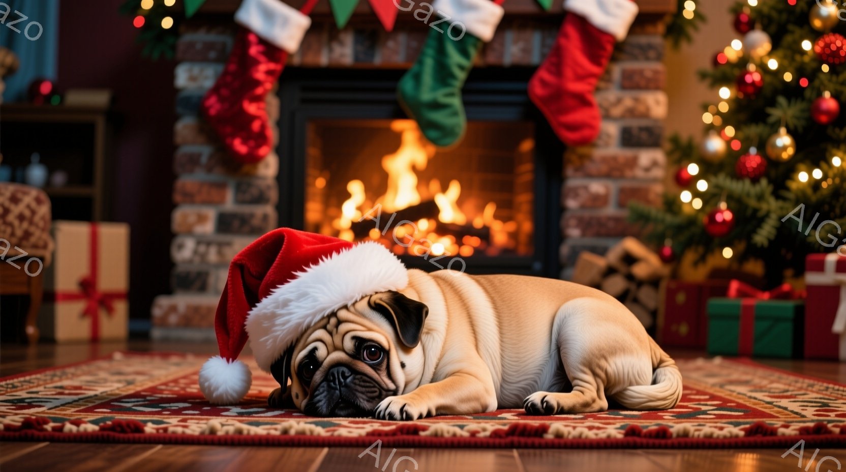 暖炉の前で、サンタ帽をかぶったパグが床に横たわっています。パグは少し疲れた表情で、リラックスした姿勢です。背景には、クリスマスツリーやプレゼント、暖炉の火が暖かく、お祝いムードを盛り上げています。