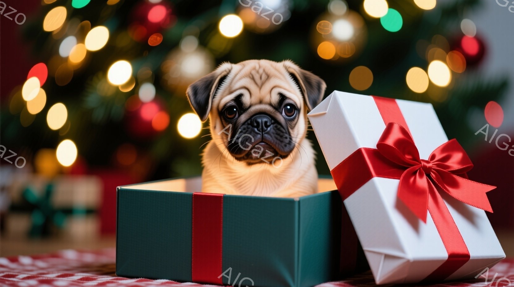 パグの子犬が緑色のギフトボックスの中に座っており、少し顔を出してこちらを見ています。ギフトボックスは白いリボンで飾られており、背景にはぼやけたクリスマスツリーのライトが見えます。全体的に温かく、お祝い - AI生成フリー素材