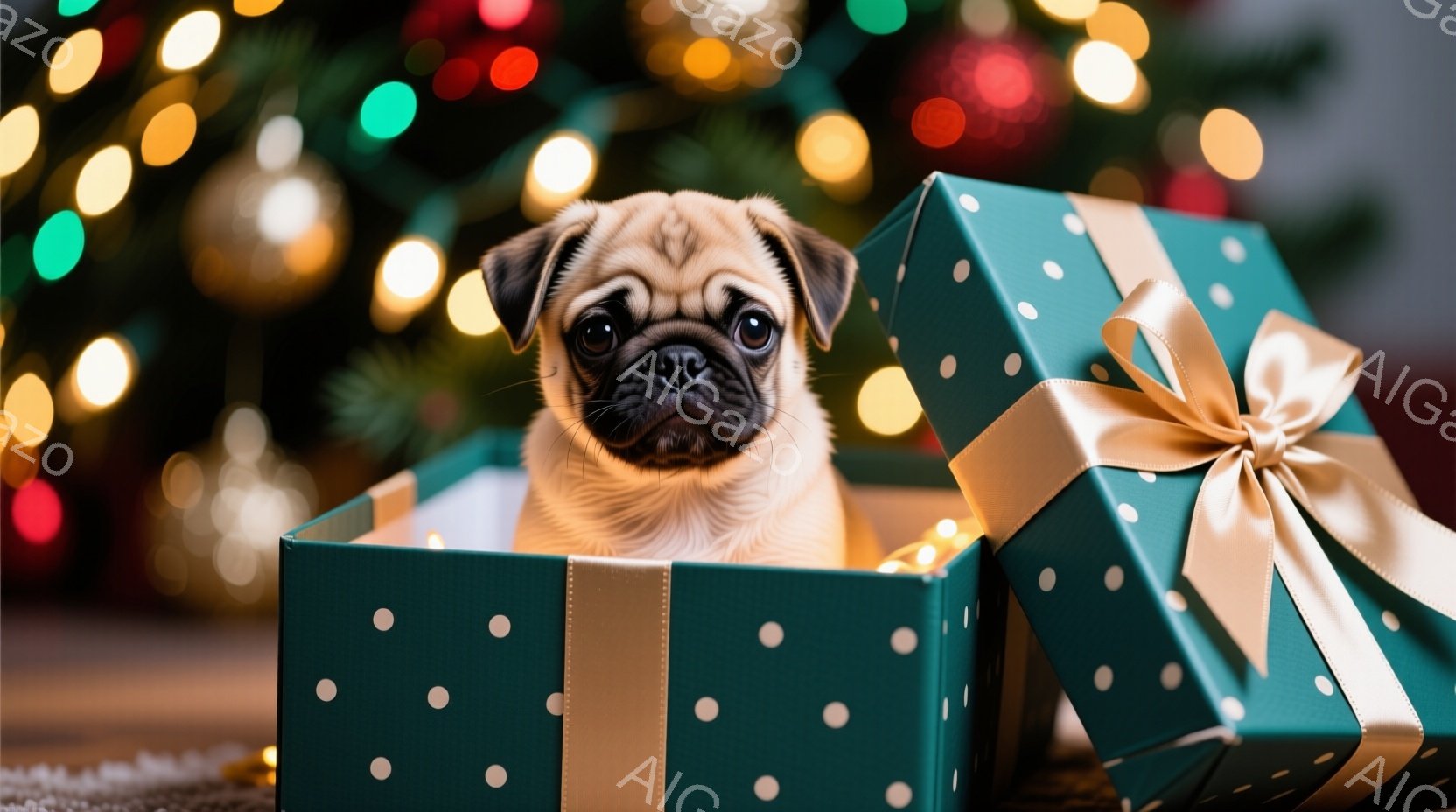 小さなクリーム色のパグが、緑色の水玉模様のギフトボックスに座っています。パグは少し不安そうな表情で、正面を見つめており、箱の縁に頭を乗せています。背景にはぼやけたクリスマスツリーのライトが見え、暖かくお祝いムードに包まれています。