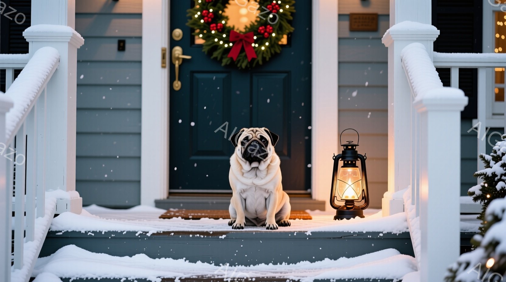 雪が積もった家の階段に、愛らしいパグが正面を向いて座っている。背景には、クリスマスリースが飾られた玄関ドアと、点灯したランタンがあり、温かい光がパグを照らしている。全体的に、穏やかで冬の温かい雰囲気が - AI生成フリー素材