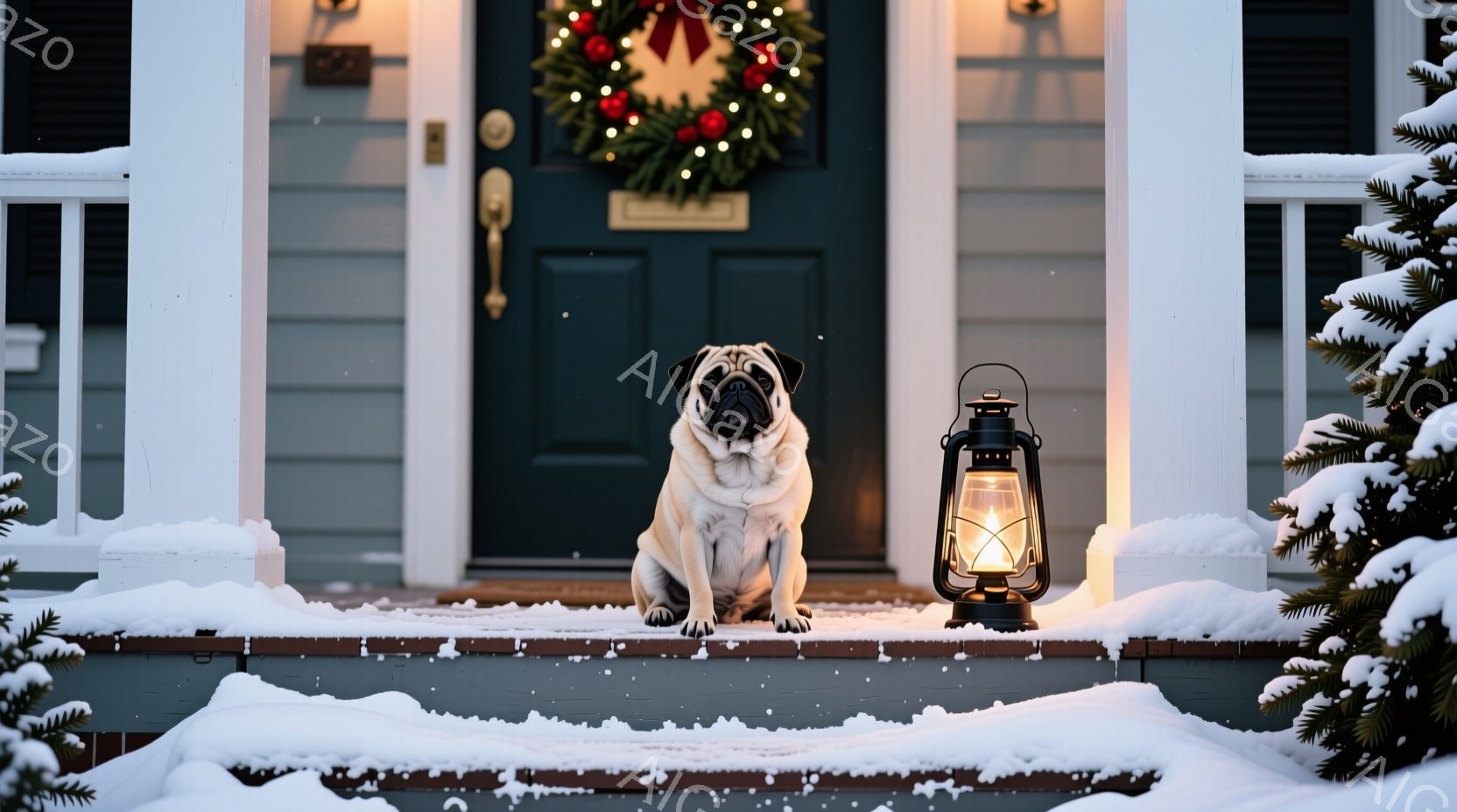 白いパグが雪に覆われた家の外の階段に座っています。背景にはクリスマスリースが飾られた青いドアと、点灯したランタンがあり、雪景色が冬の温かい雰囲気を醸し出しています。パグは正面を見ており、穏やかな表情で - AI生成フリー素材