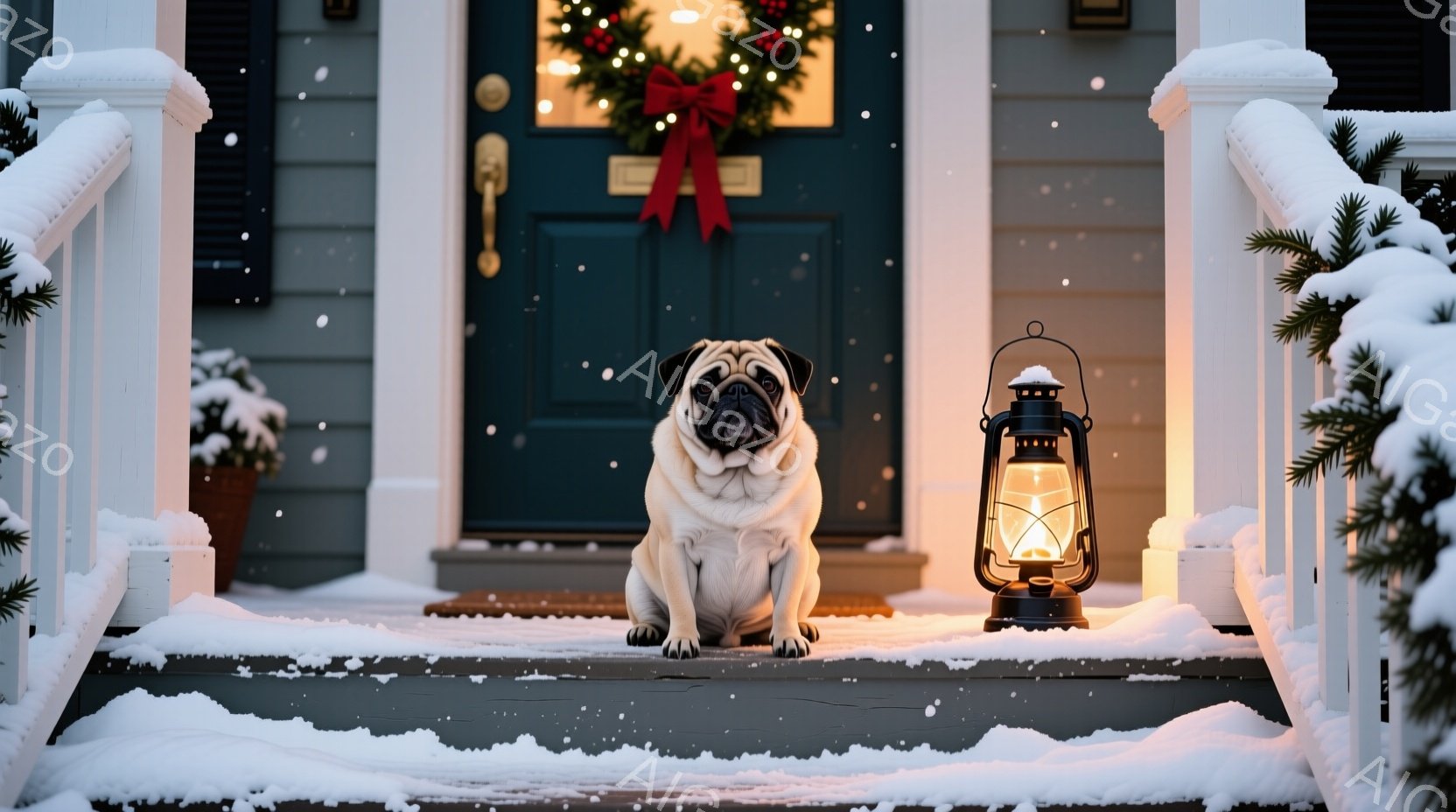 白いパグが雪積もった家の階段に座って正面を見ています。背景にはクリスマスリースが飾られた緑色のドアと、雪に覆われた手すりと植物が見えます。温かい光を放つランタンがパグの横に置かれ、雪景色と相まって、温 - AI生成フリー素材